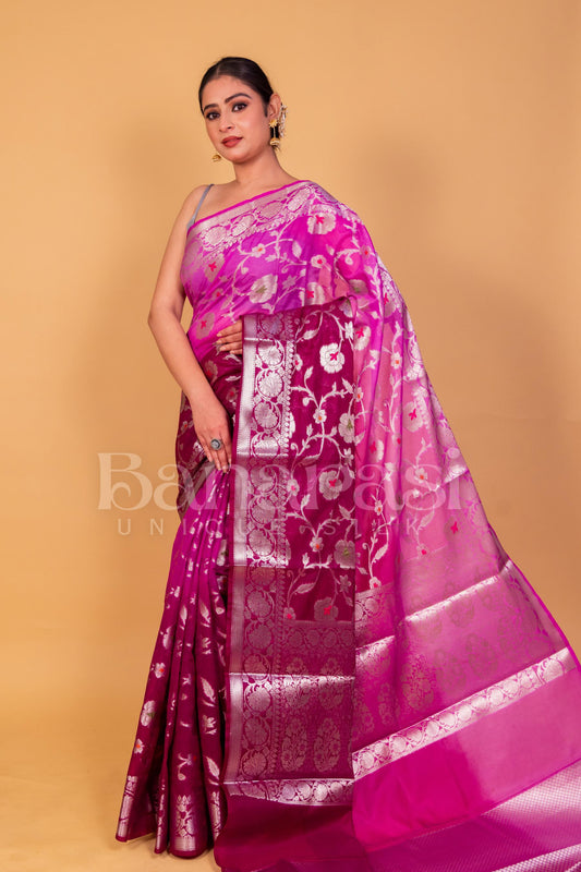 Pink With Purpal Georgette Banarasi Saree - All Over Work with meenakari