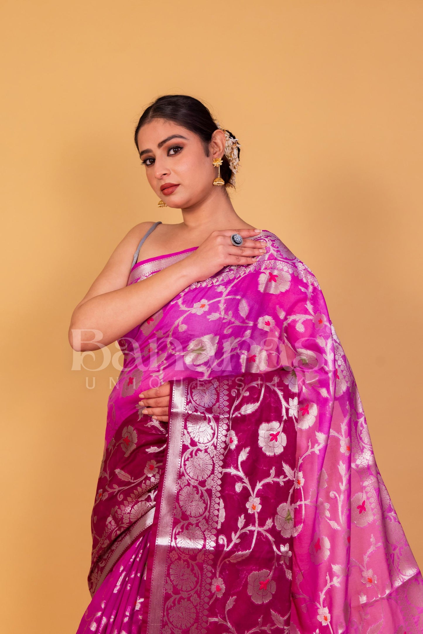 Pink With Purpal Georgette Banarasi Saree - All Over Work with meenakari