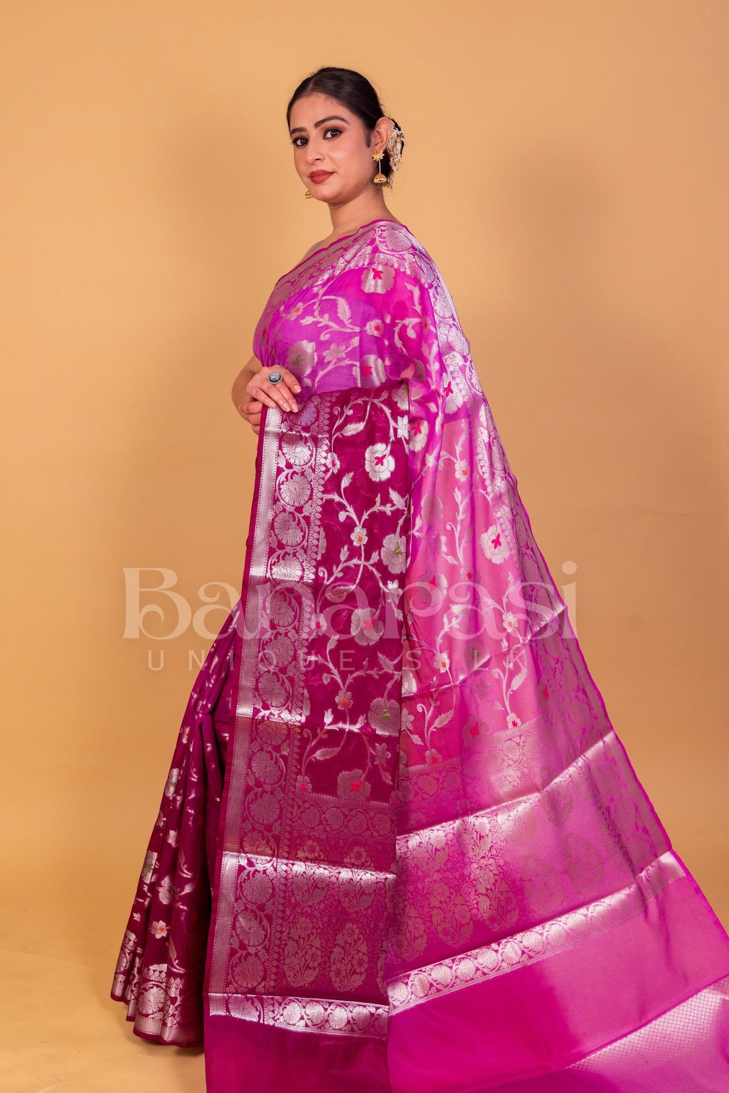 Pink With Purpal Georgette Banarasi Saree - All Over Work with meenakari