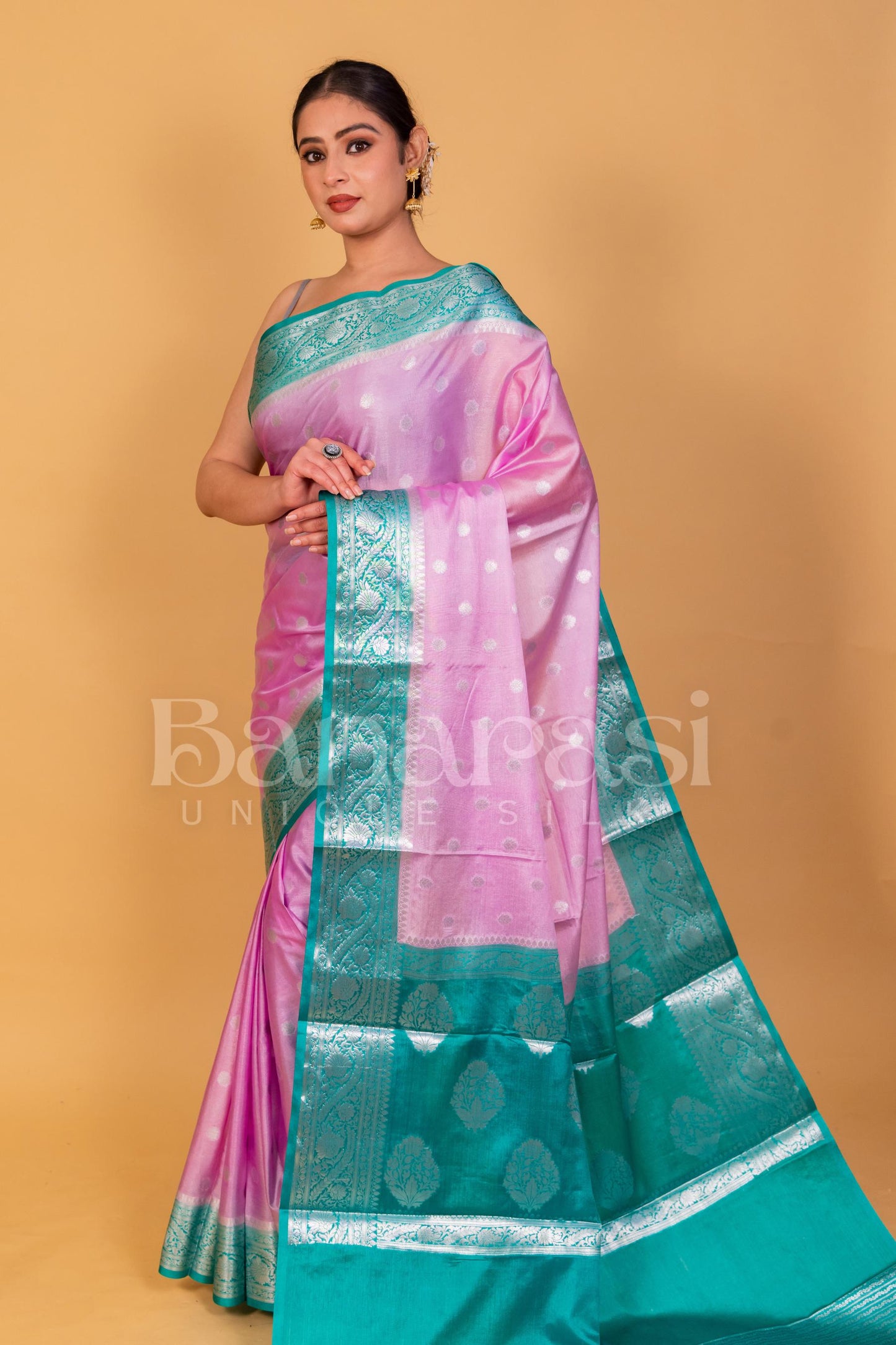 Pink With Firozy Banarasi chiniya katan soft silk saree