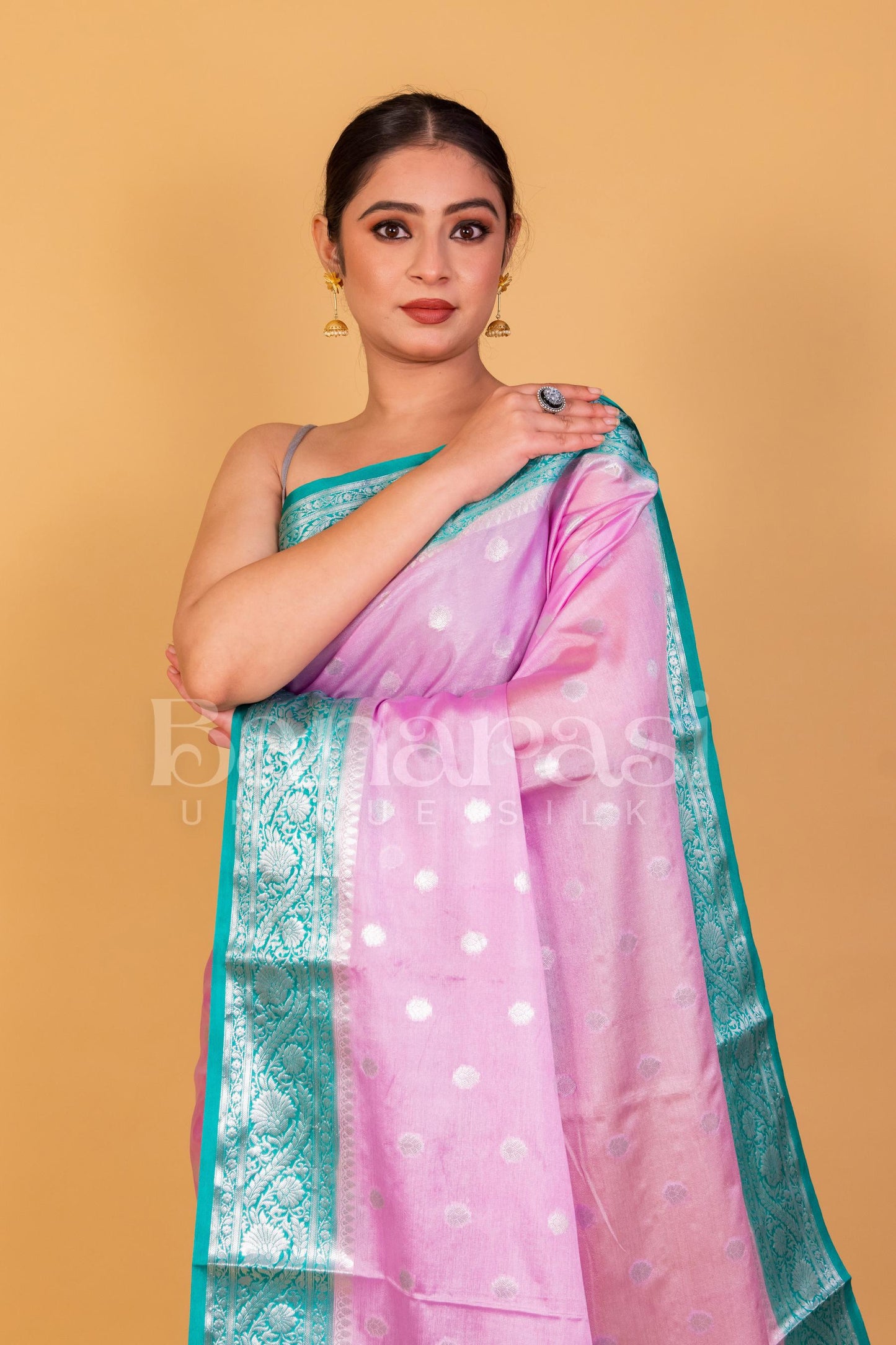 Pink With Firozy Banarasi chiniya katan soft silk saree