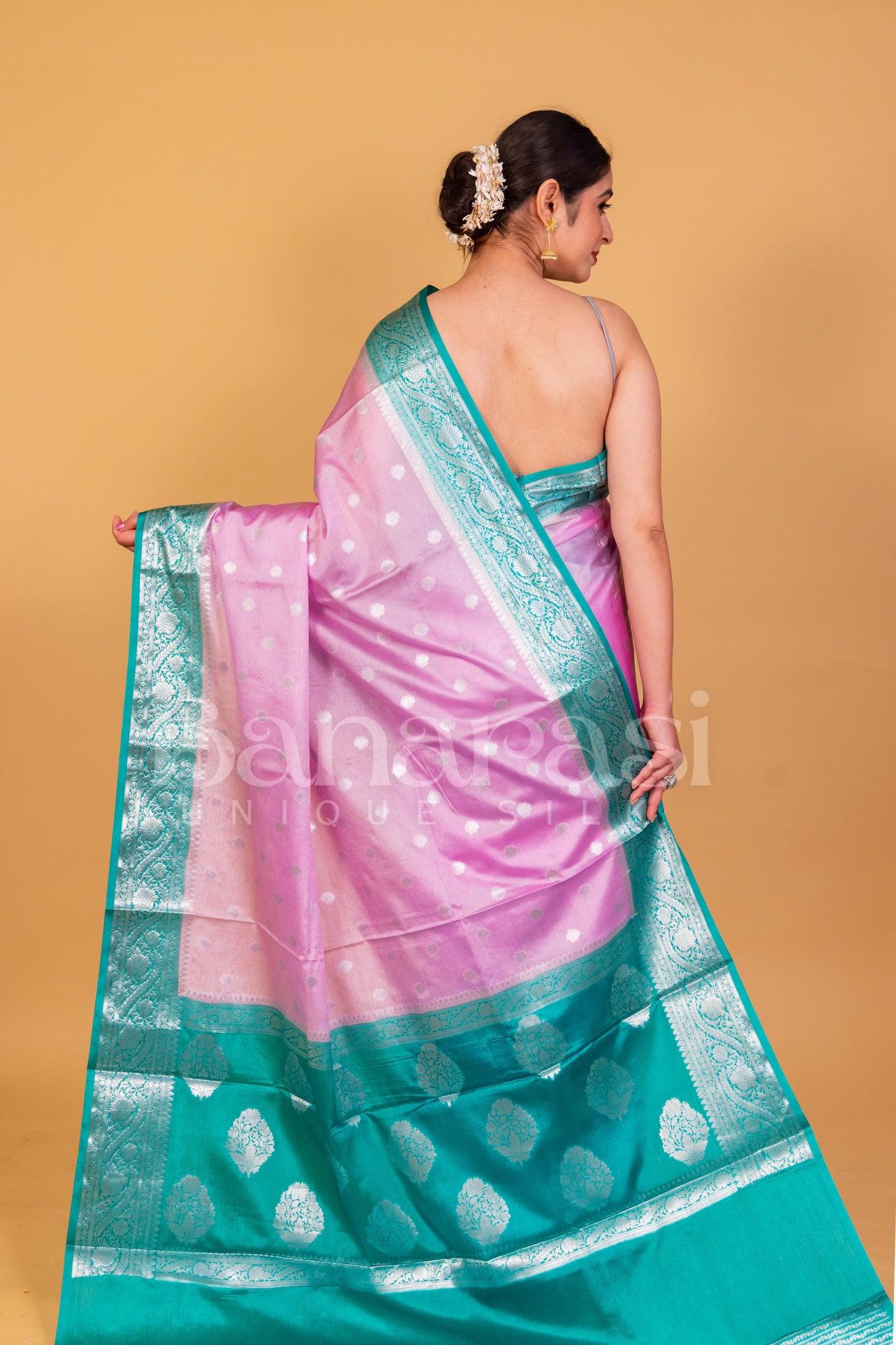 Pink With Firozy Banarasi chiniya katan soft silk saree