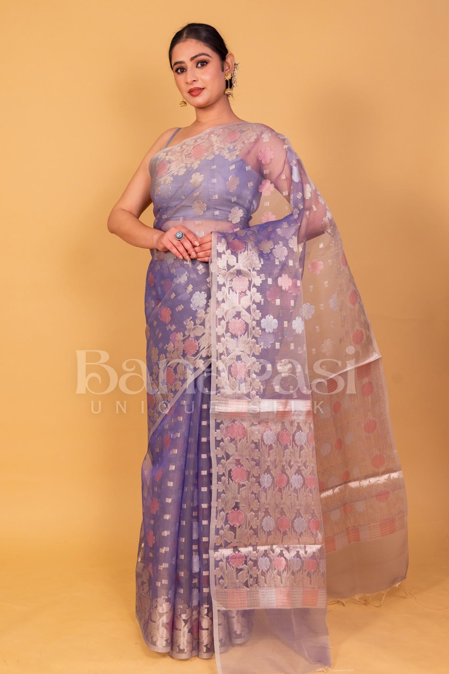 Light Blue Banarasi Kora Saree With Zari Jamdani Weaving