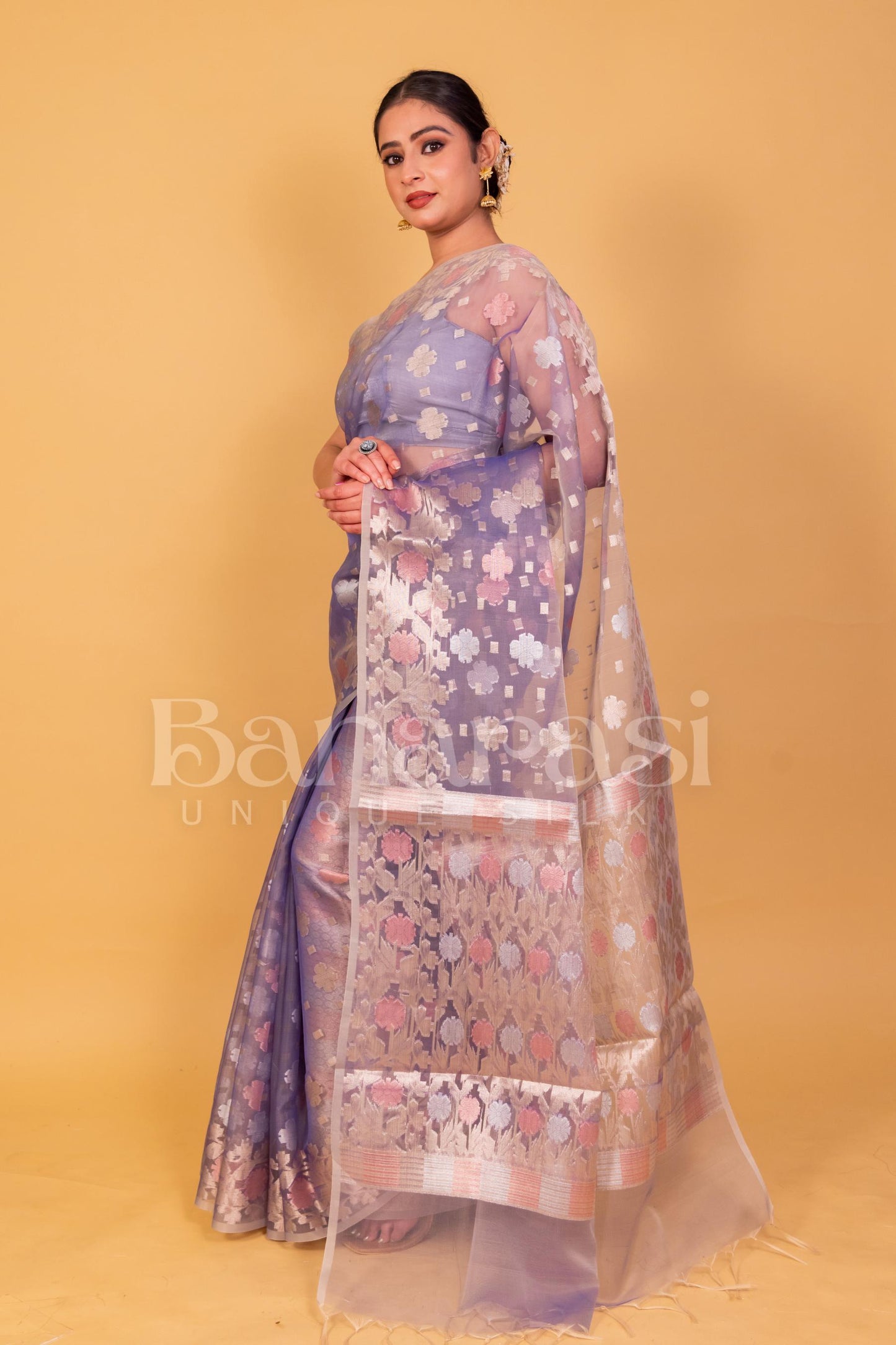 Light Blue Banarasi Kora Saree With Zari Jamdani Weaving