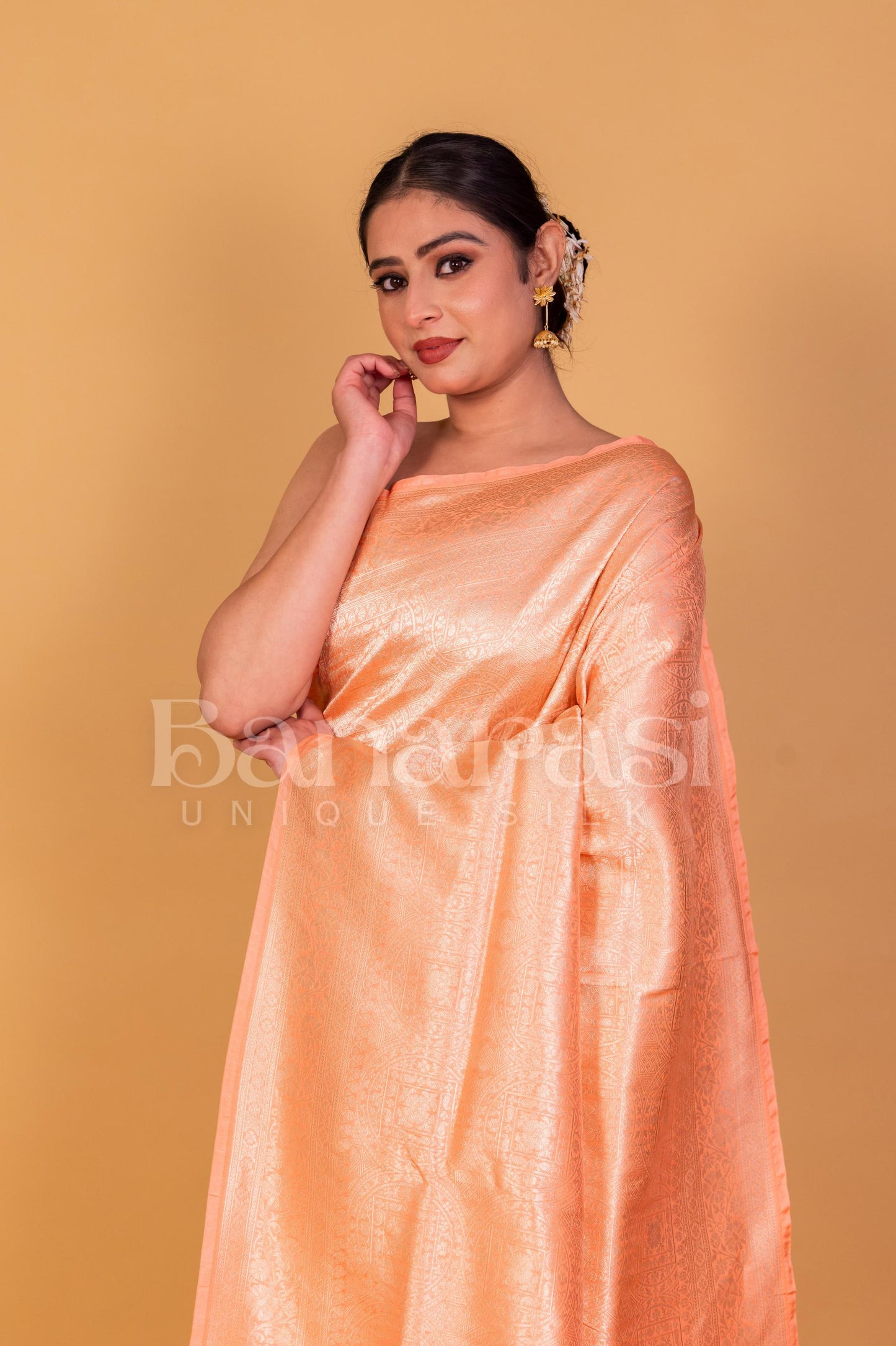 Peach Pure Katan Silk Banarasi Handloom Saree - Tanchui Brocade