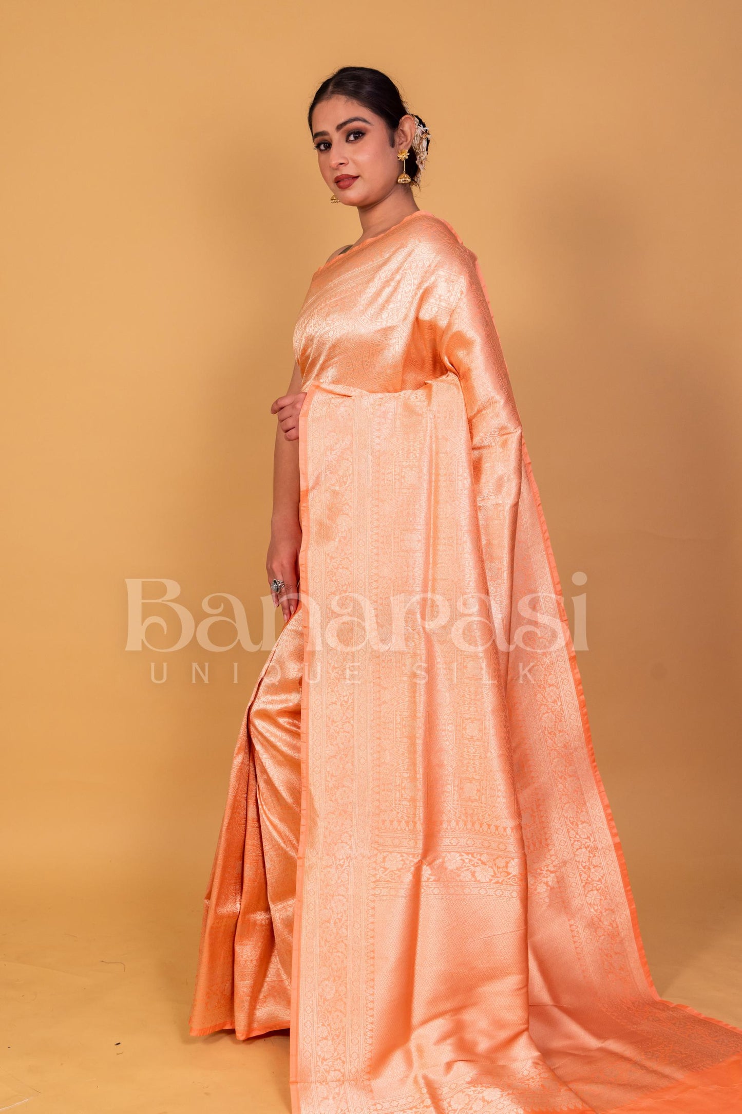 Peach Pure Katan Silk Banarasi Handloom Saree - Tanchui Brocade