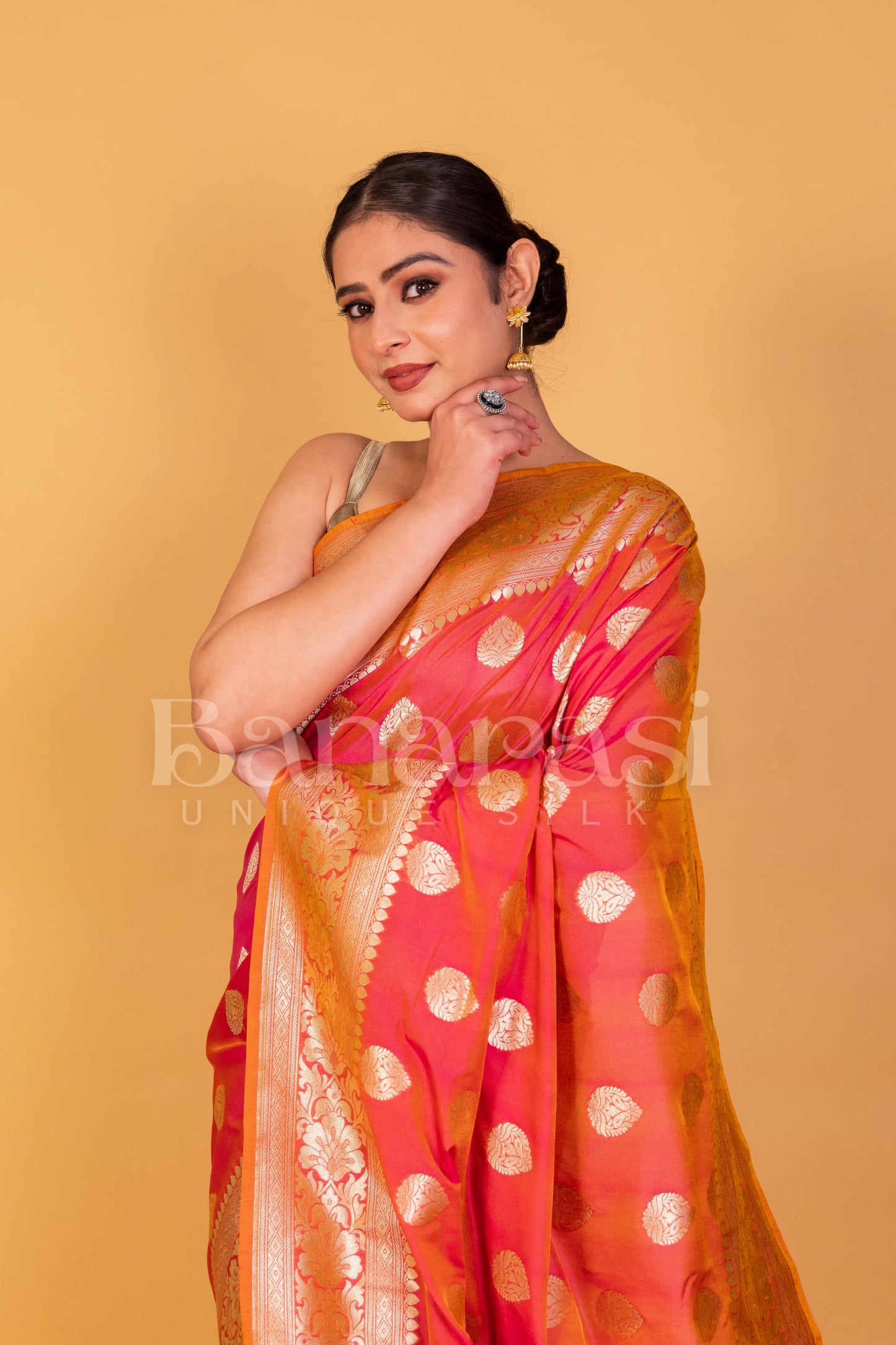 Orange Shed Yellow Banarasi katan silk handloom saree