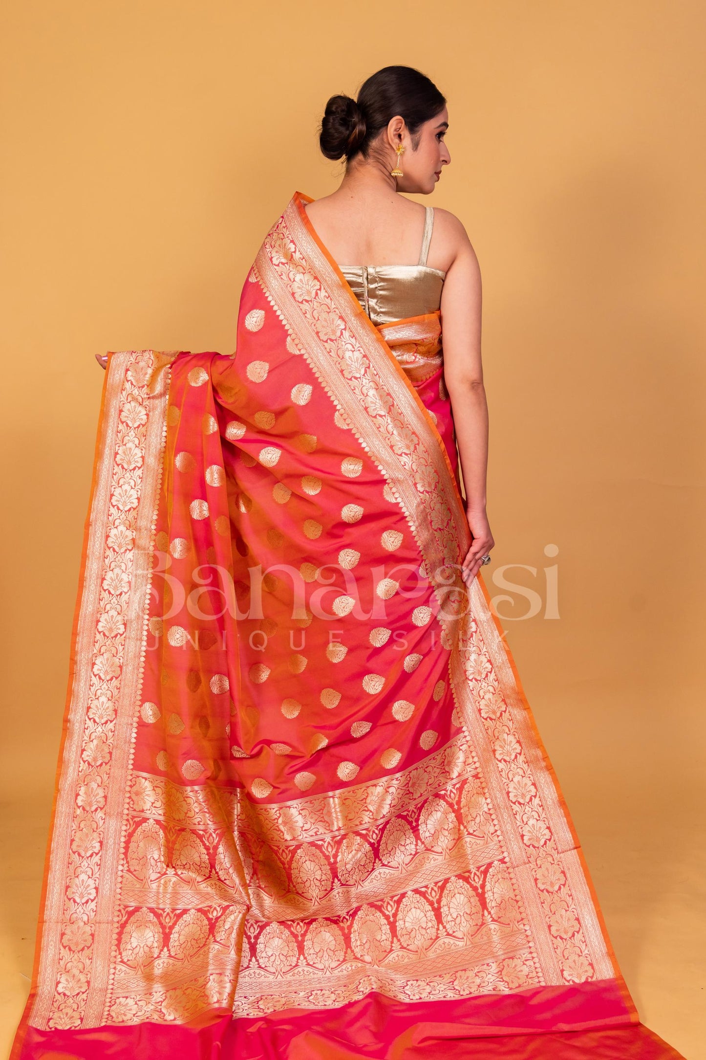 Orange Shed Yellow Banarasi katan silk handloom saree