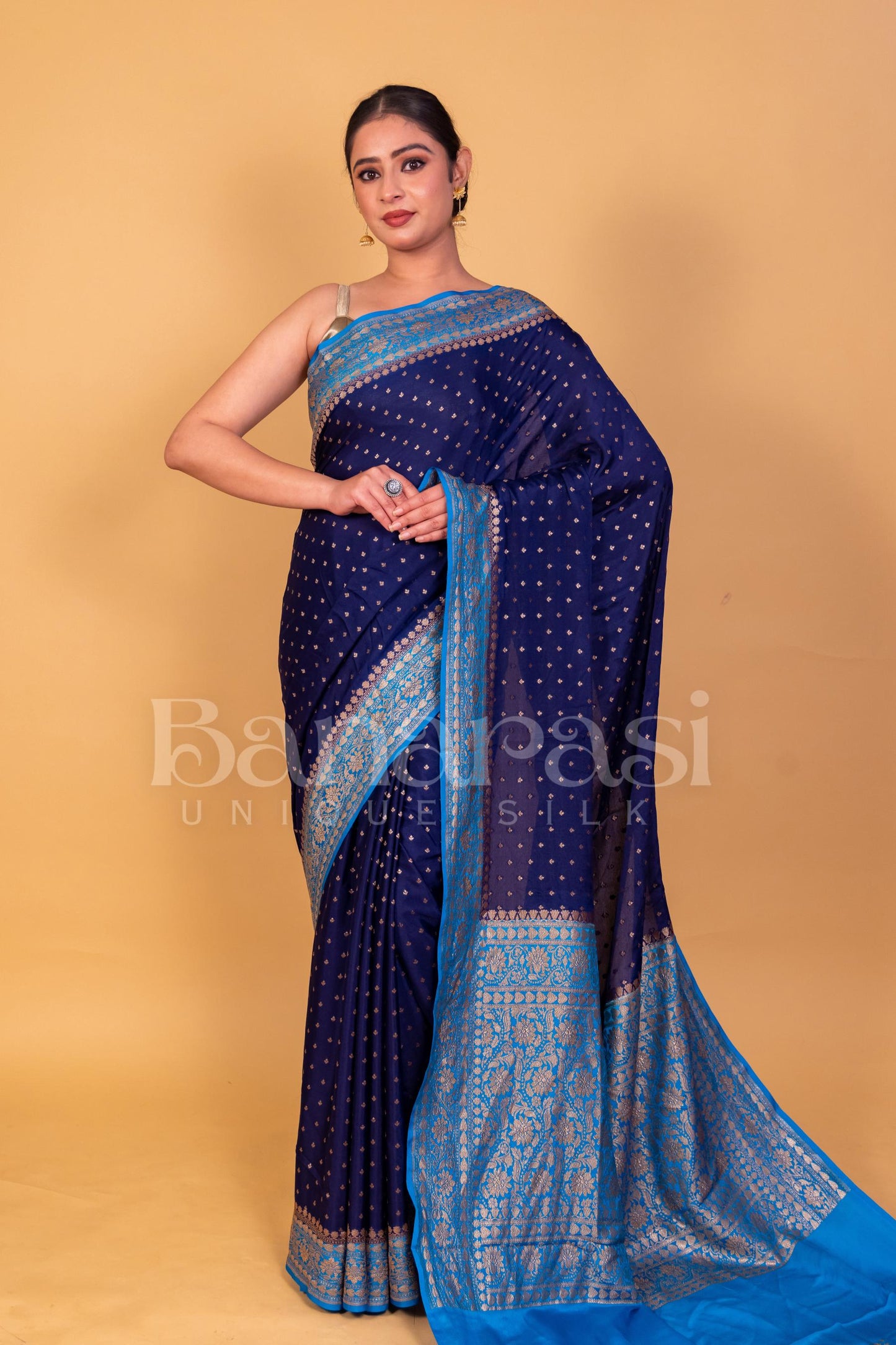 Dark Blue With Sky Blue creap Banarasi Saree