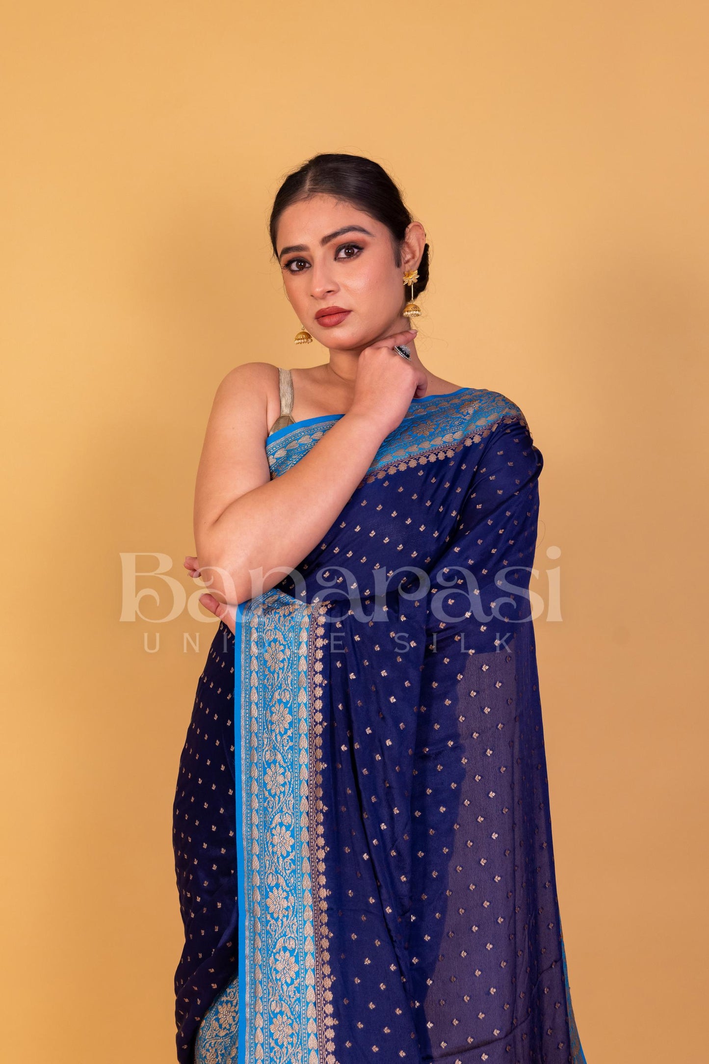 Dark Blue With Sky Blue creap Banarasi Saree