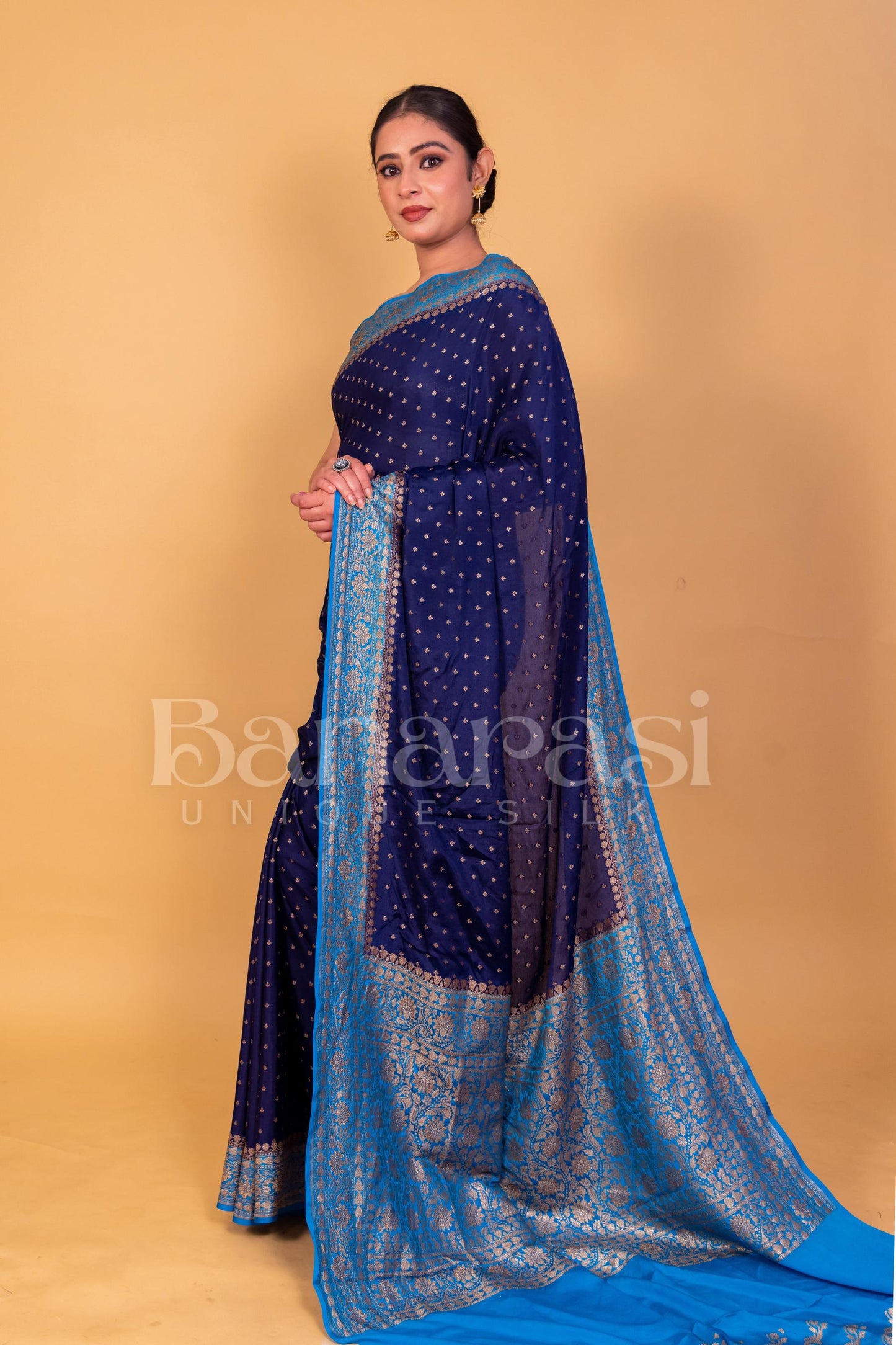 Dark Blue With Sky Blue creap Banarasi Saree