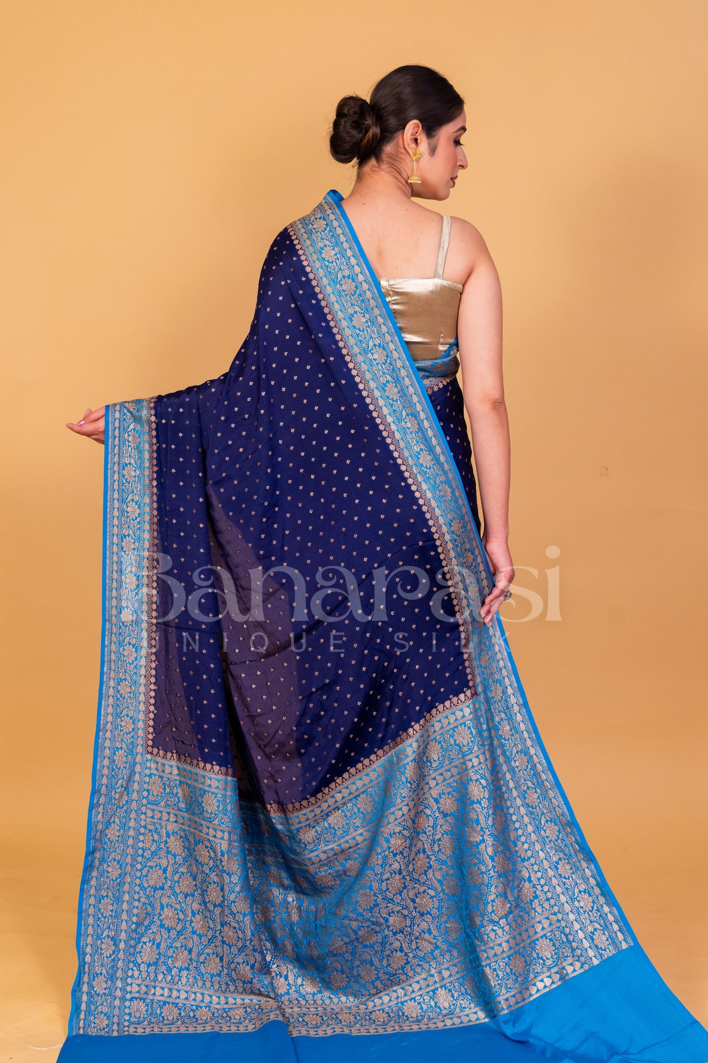 Dark Blue With Sky Blue creap Banarasi Saree