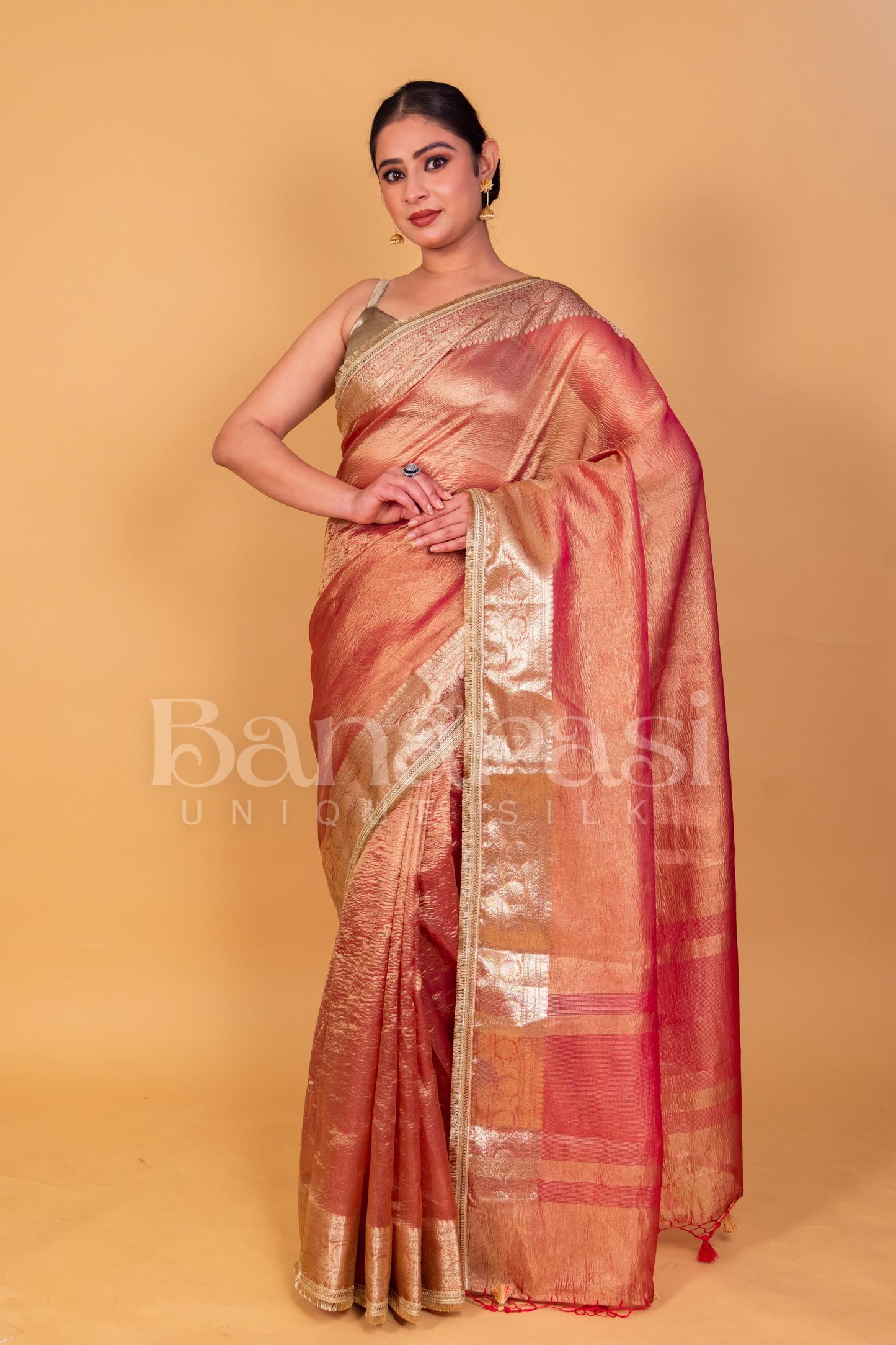 Orange Banarasee Handwoven Crushed Tissue Zari Border Saree-Gold