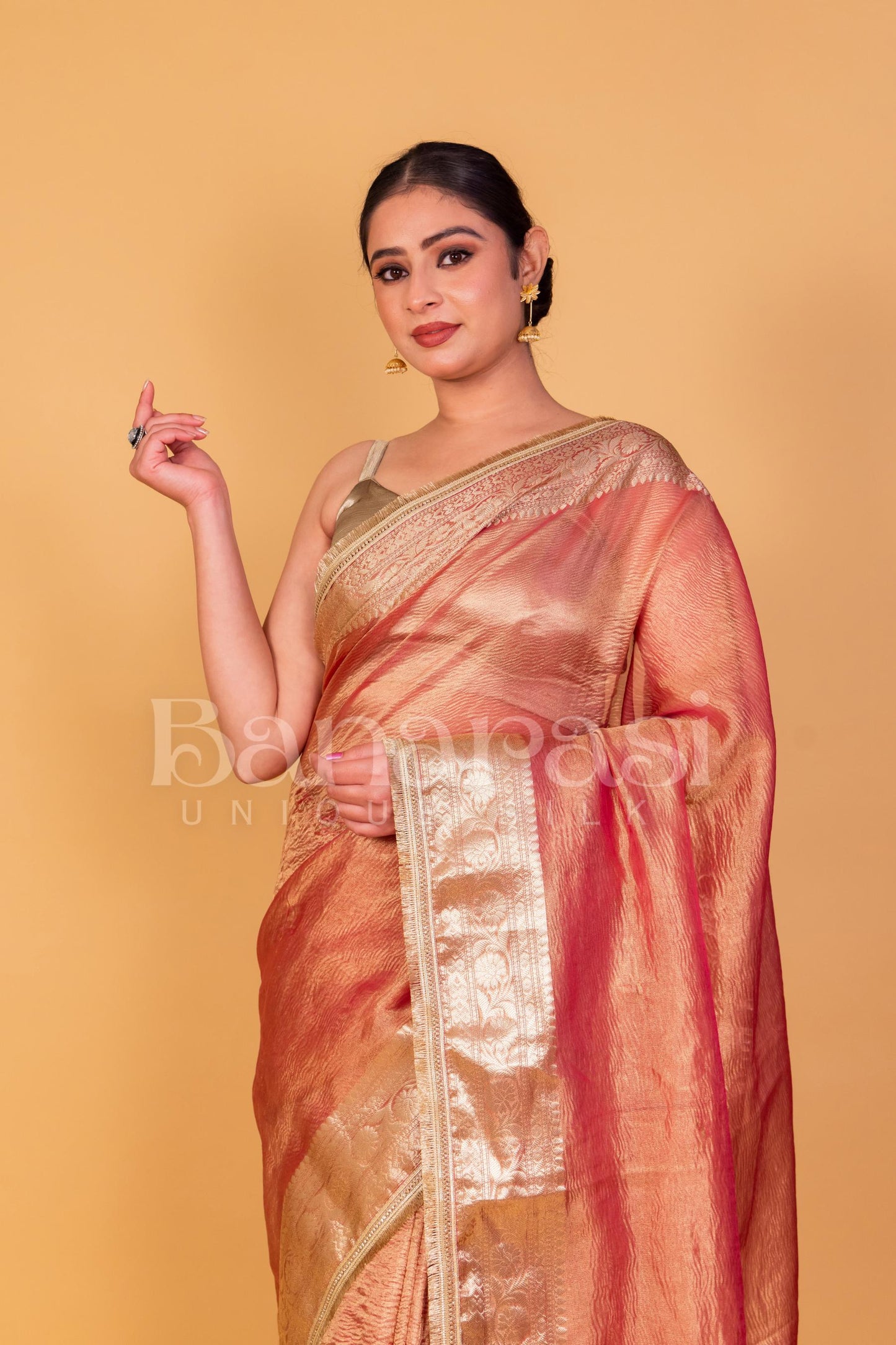 Orange Banarasee Handwoven Crushed Tissue Zari Border Saree-Gold