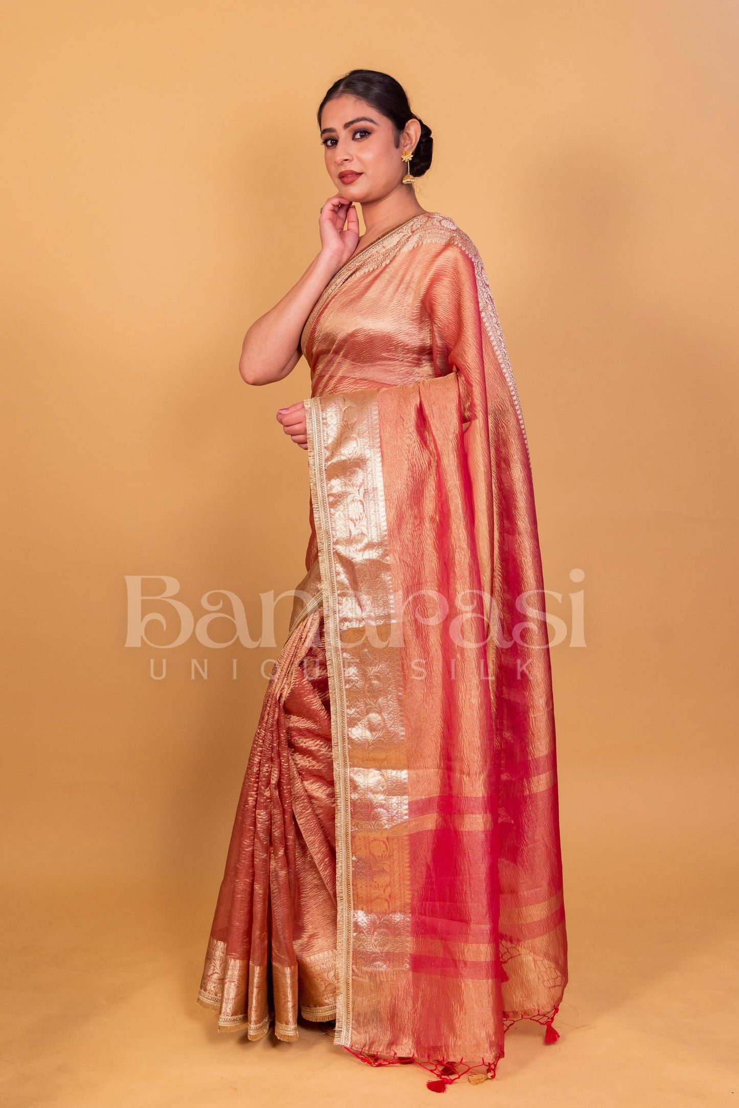 Orange Banarasee Handwoven Crushed Tissue Zari Border Saree-Gold