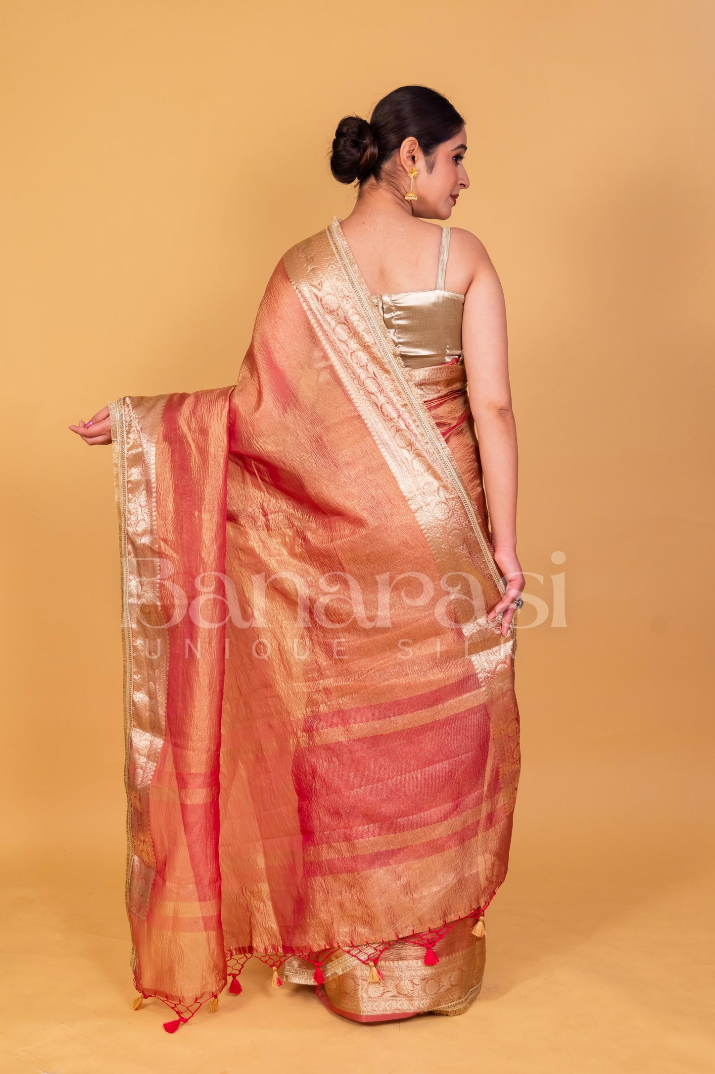 Orange Banarasee Handwoven Crushed Tissue Zari Border Saree-Gold