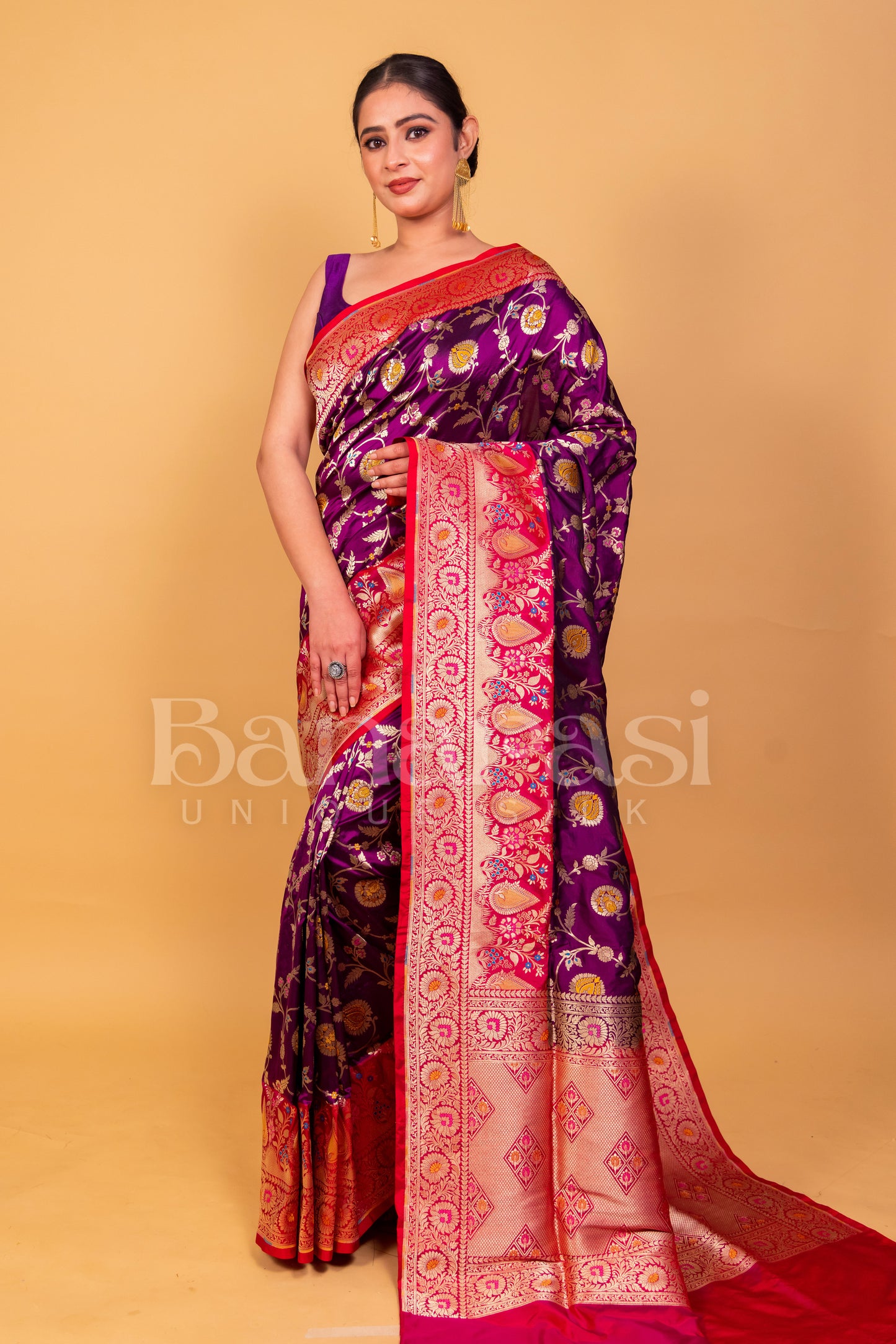 Pure Katan Silk Banarasi Handloom Saree - All over Jaal work with Meenakari