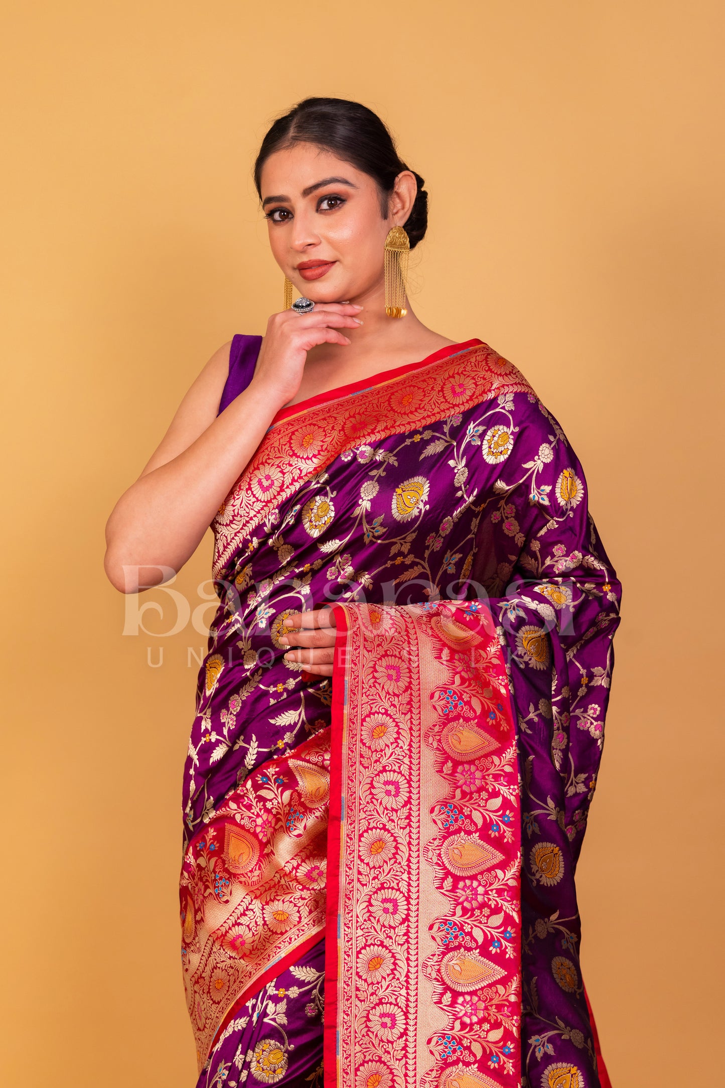 Pure Katan Silk Banarasi Handloom Saree - All over Jaal work with Meenakari