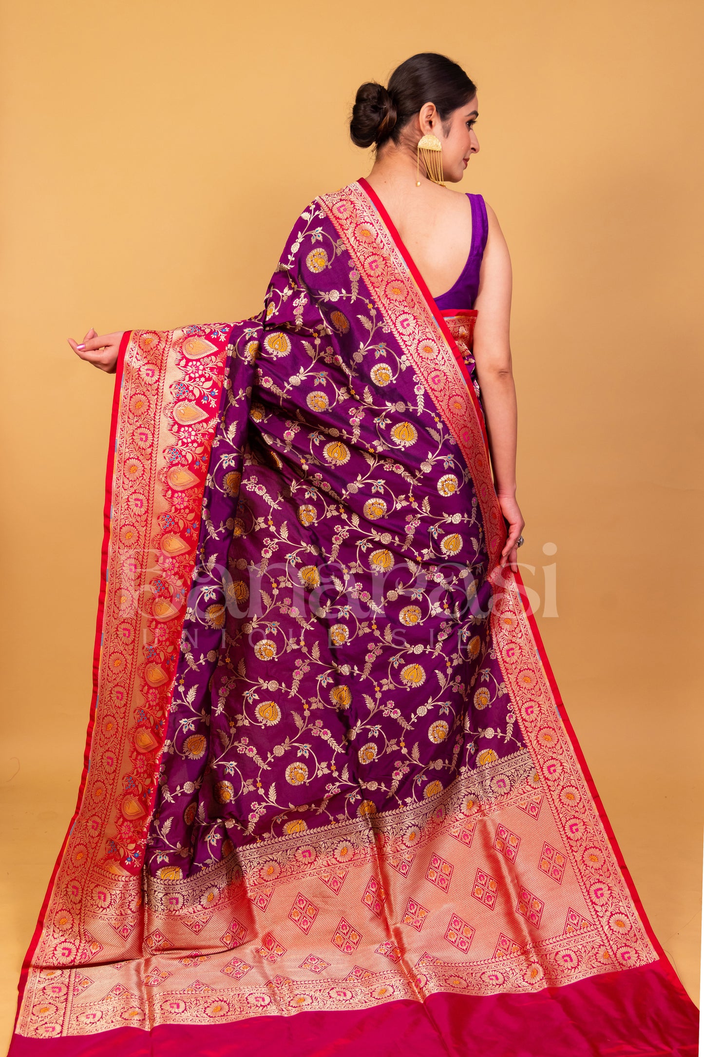 Pure Katan Silk Banarasi Handloom Saree - All over Jaal work with Meenakari