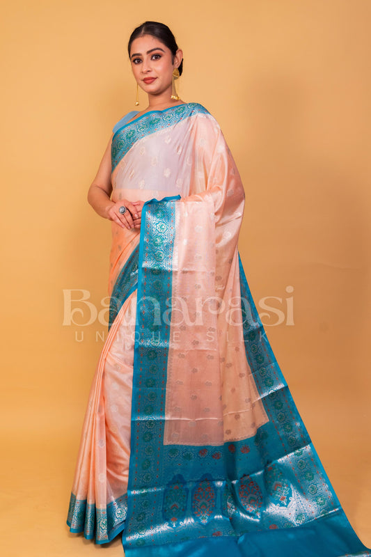 Peach With Blue Banarasi chiniya katan soft silk saree