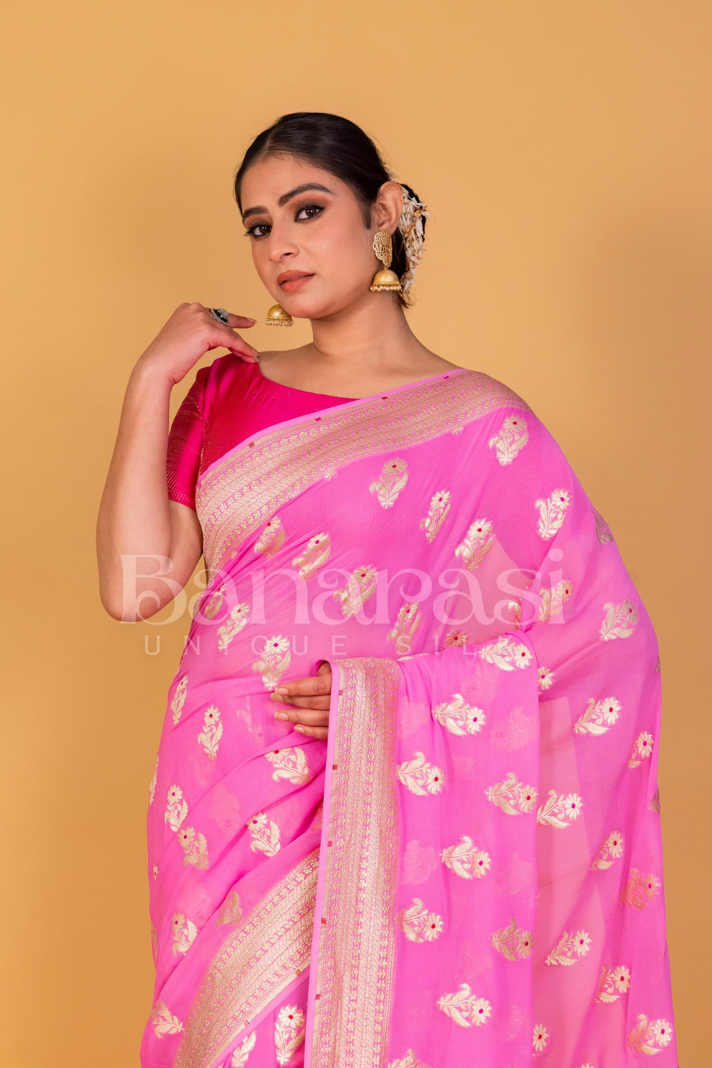 Light Pink Khaddi Georgette Handloom Banarasi Saree - All Over Work with meenakari