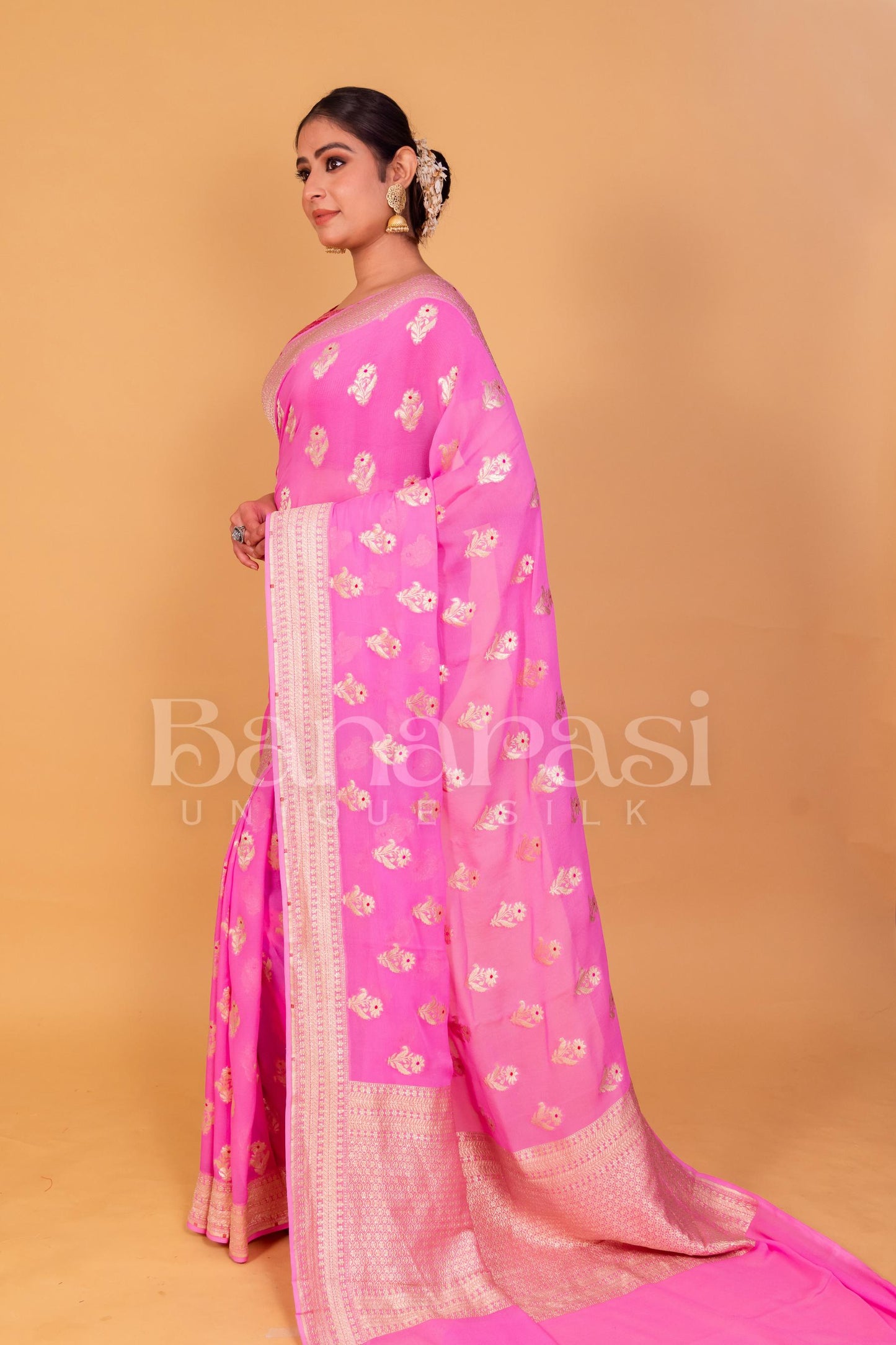 Light Pink Khaddi Georgette Handloom Banarasi Saree - All Over Work with meenakari