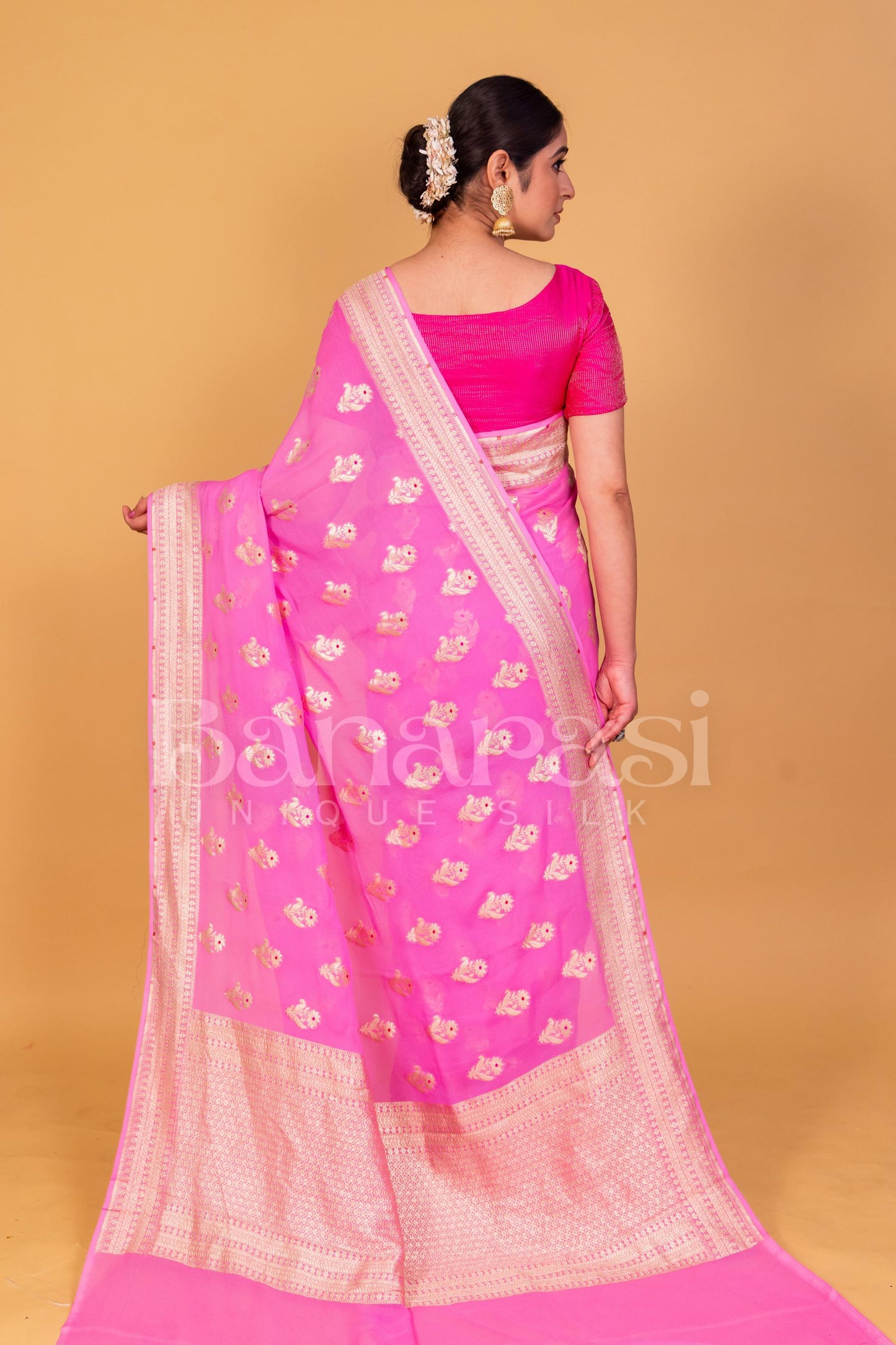 Light Pink Khaddi Georgette Handloom Banarasi Saree - All Over Work with meenakari