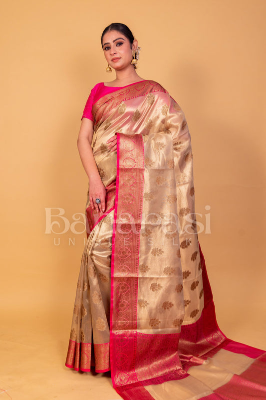 Gold With Pink Banarasi Tissue Saree With Zari Buti & Border