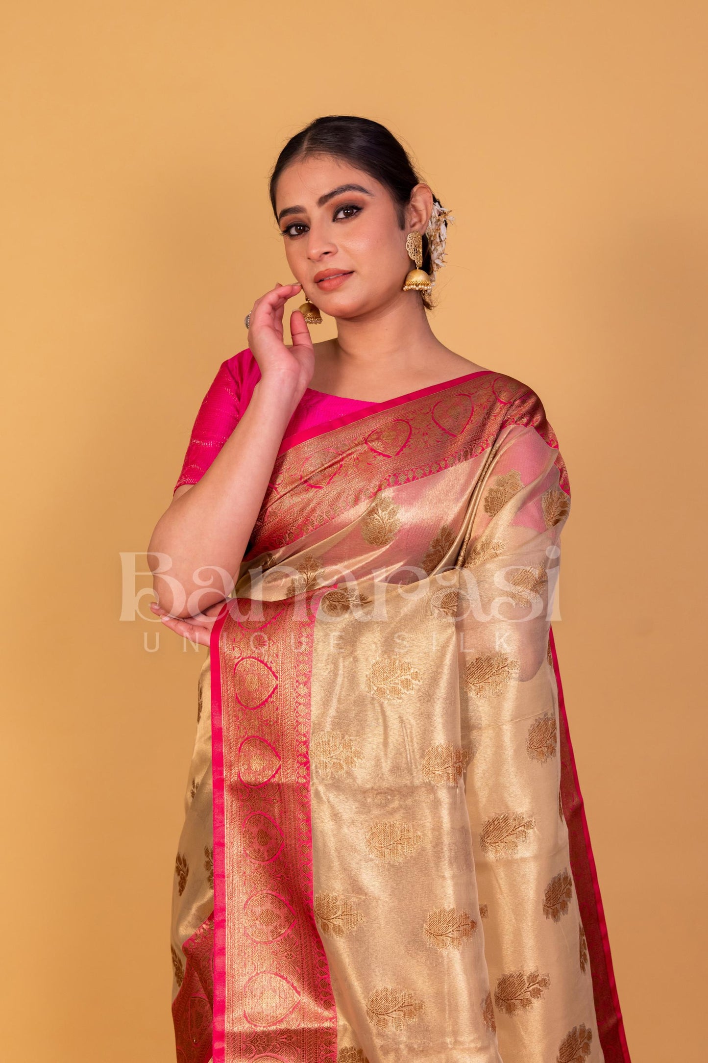 Gold With Pink Banarasi Tissue Saree With Zari Buti & Border