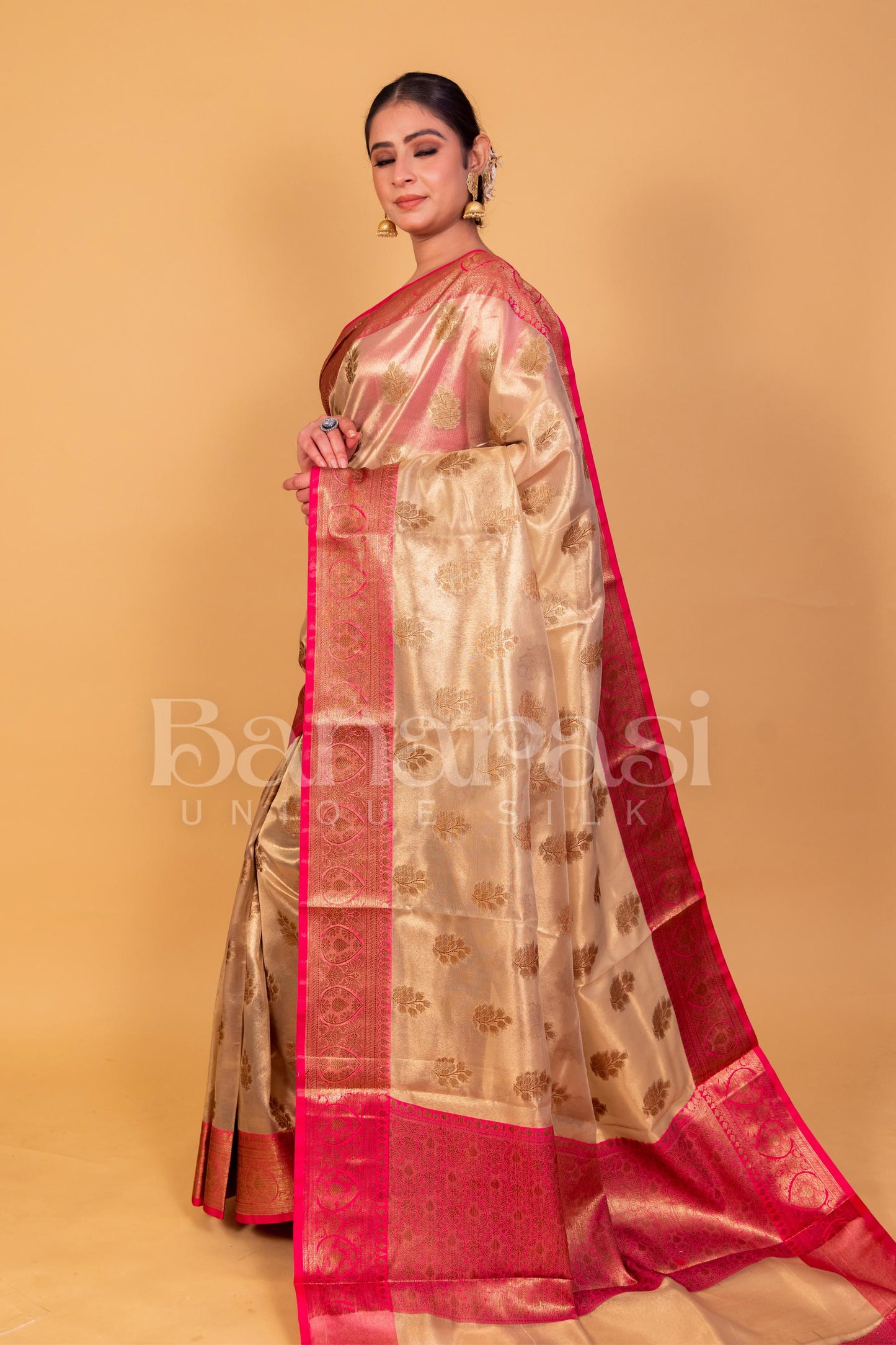 Gold With Pink Banarasi Tissue Saree With Zari Buti & Border