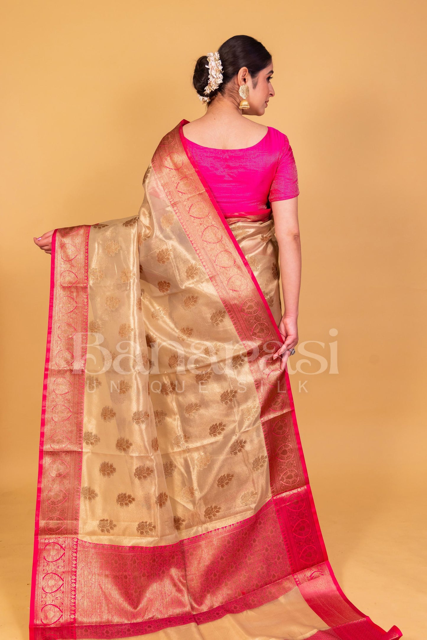 Gold With Pink Banarasi Tissue Saree With Zari Buti & Border