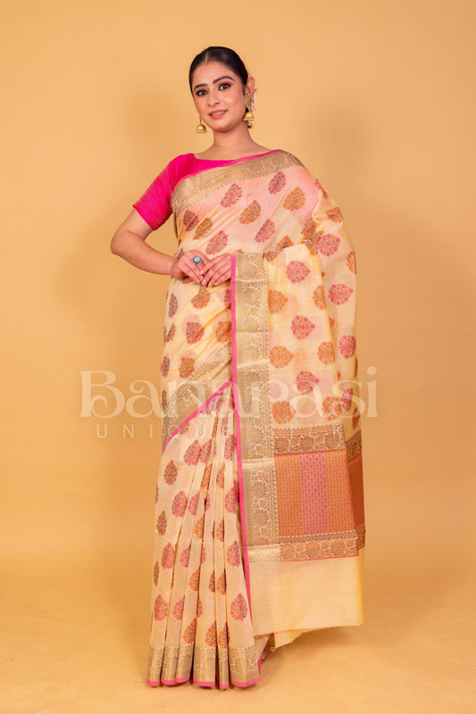 Cream Banarasi Chanderi Saree With Resham Buti & Border meenakari