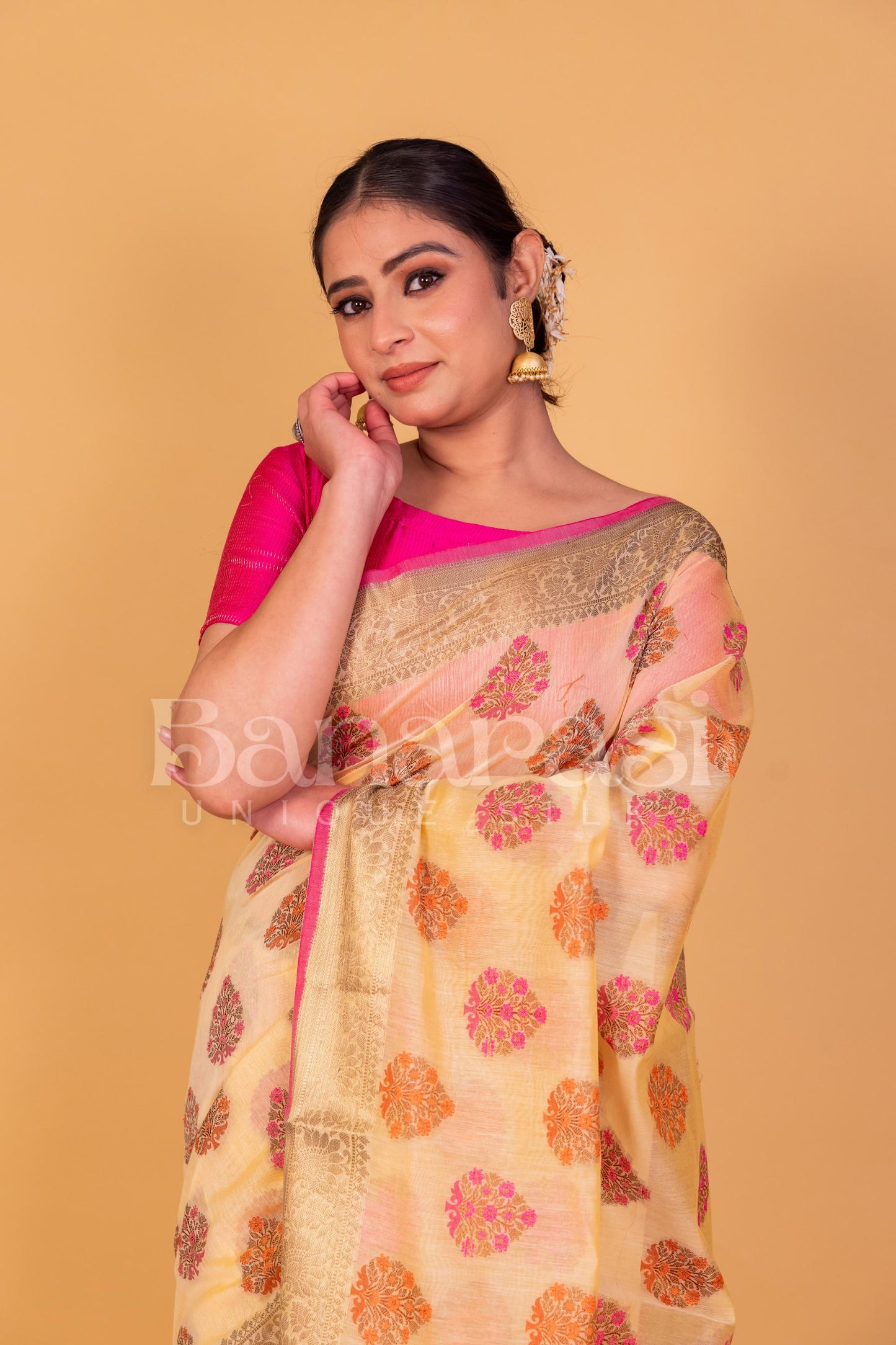 Cream Banarasi Chanderi Saree With Resham Buti & Border meenakari