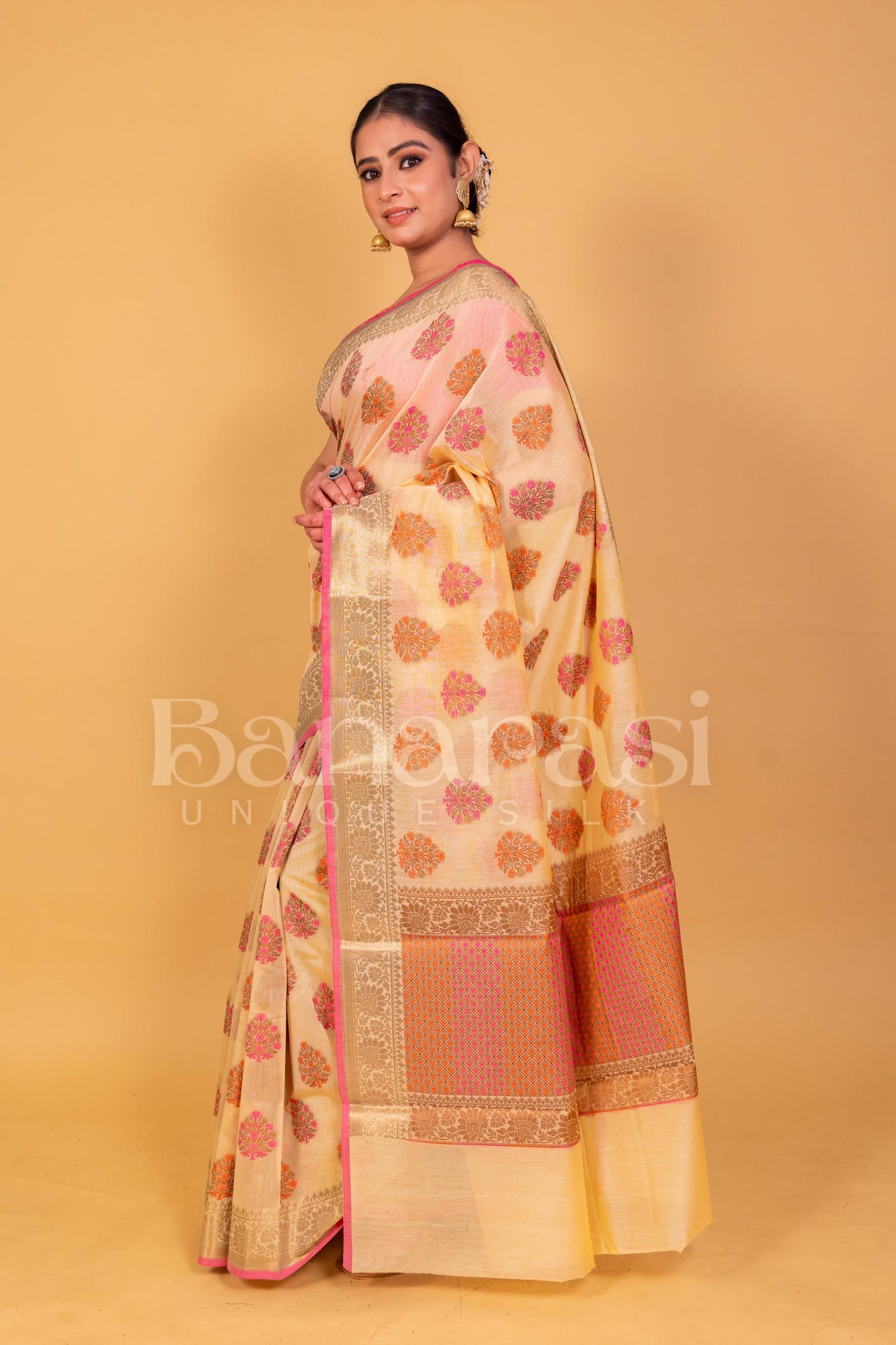 Cream Banarasi Chanderi Saree With Resham Buti & Border meenakari