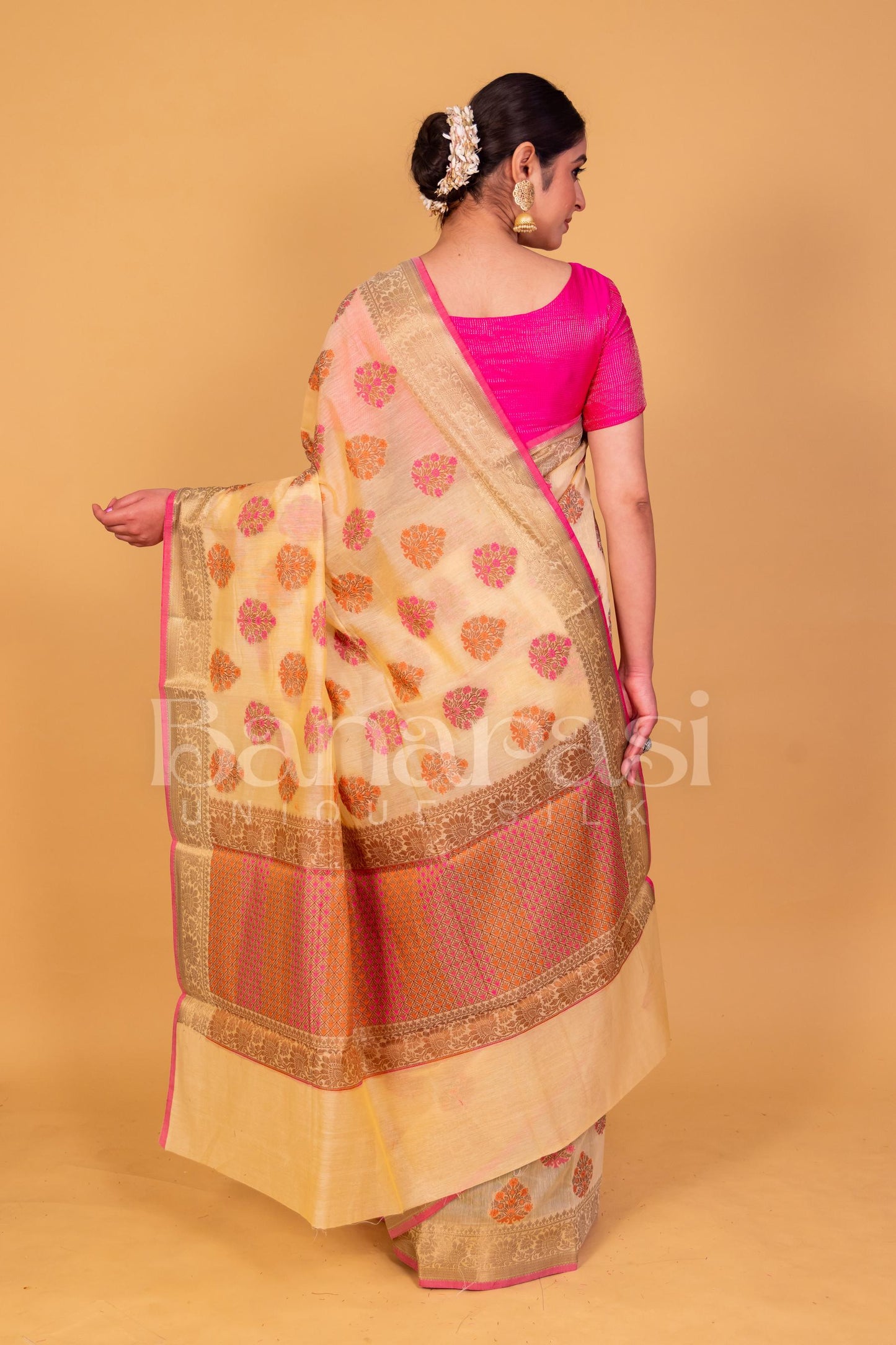 Cream Banarasi Chanderi Saree With Resham Buti & Border meenakari