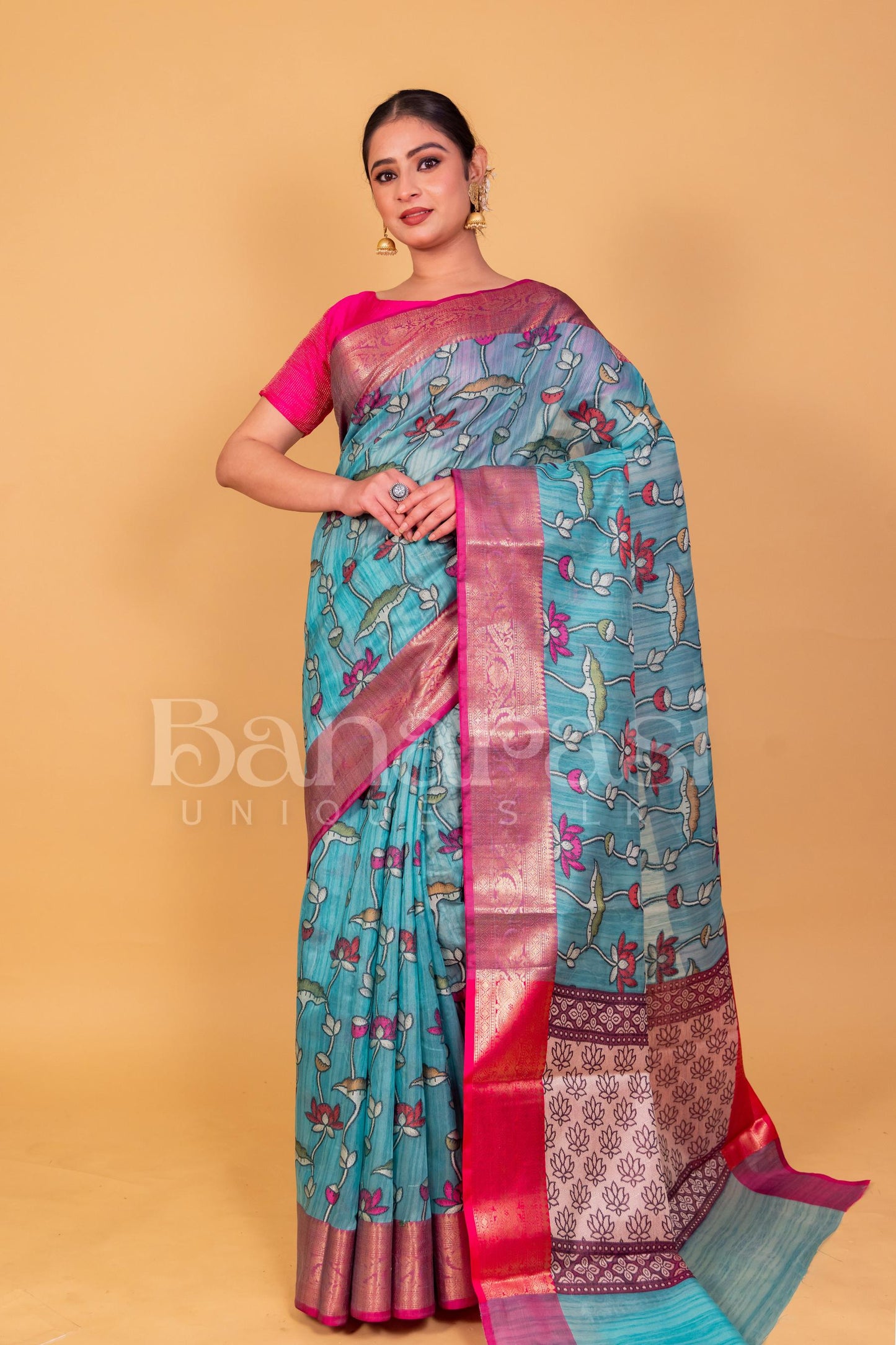 Green With Pink Cottan Silk Banarasi Saree All Over Weaving With Meenakari