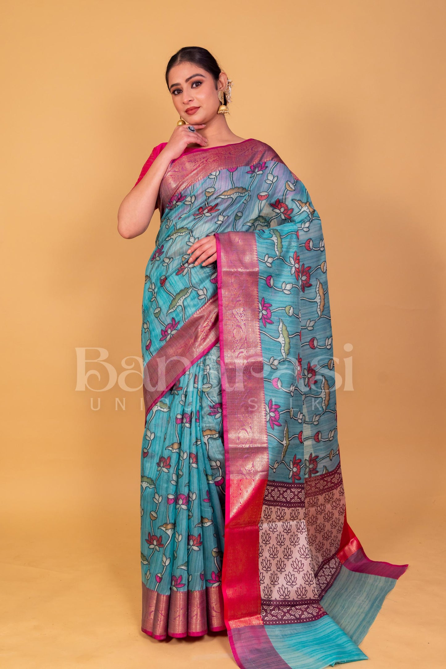 Green With Pink Cottan Silk Banarasi Saree All Over Weaving With Meenakari