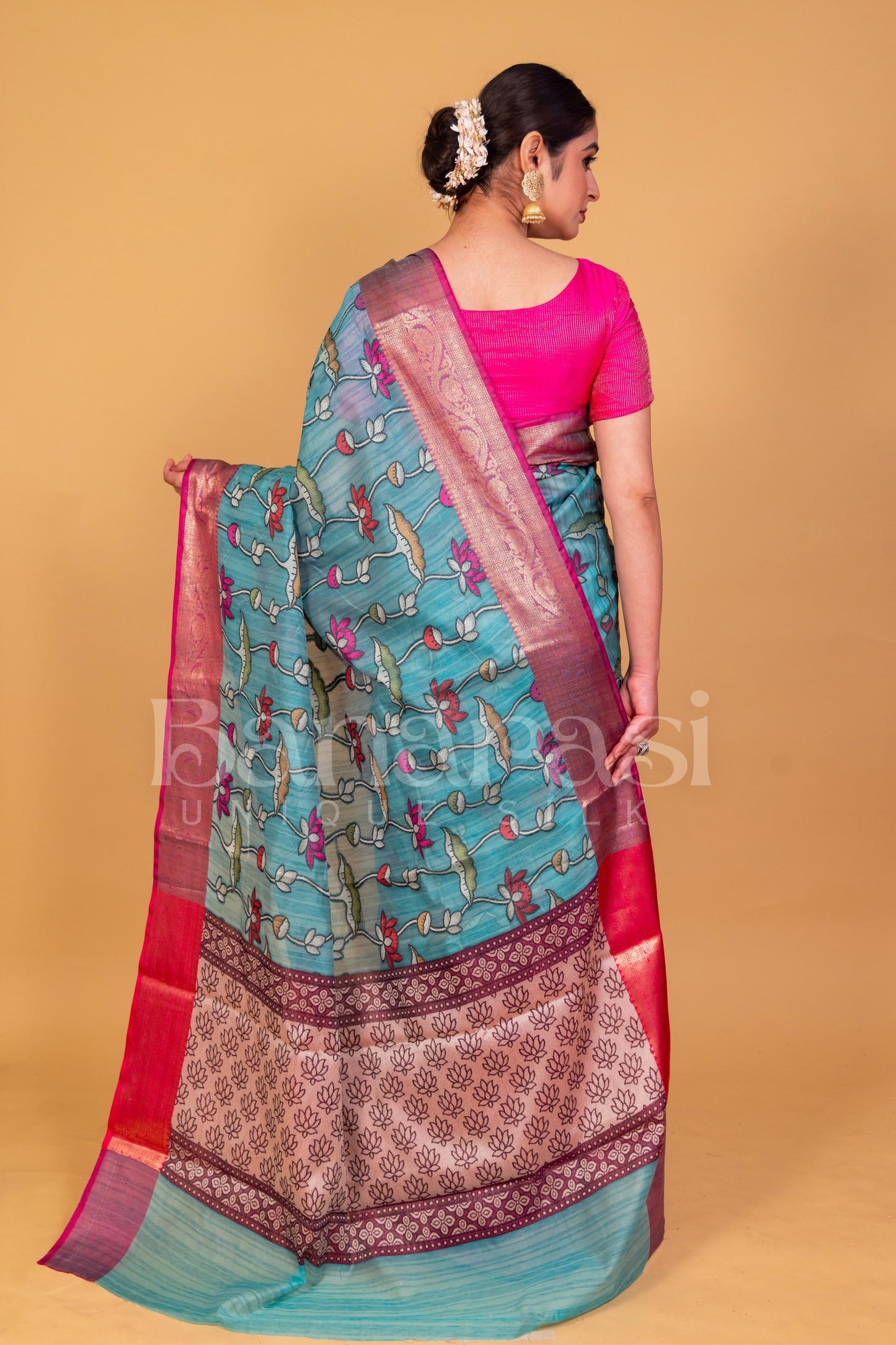 Green With Pink Cottan Silk Banarasi Saree All Over Weaving With Meenakari