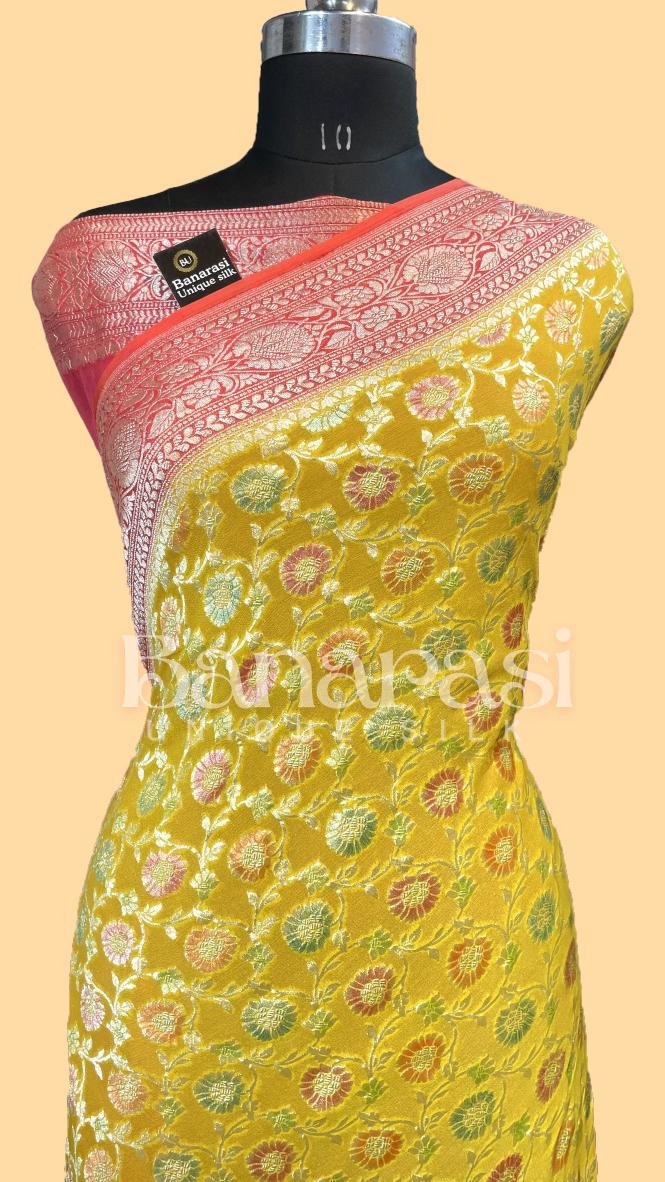 Yellow With Peach Khaddi Georgette Handloom Banarasi Saree