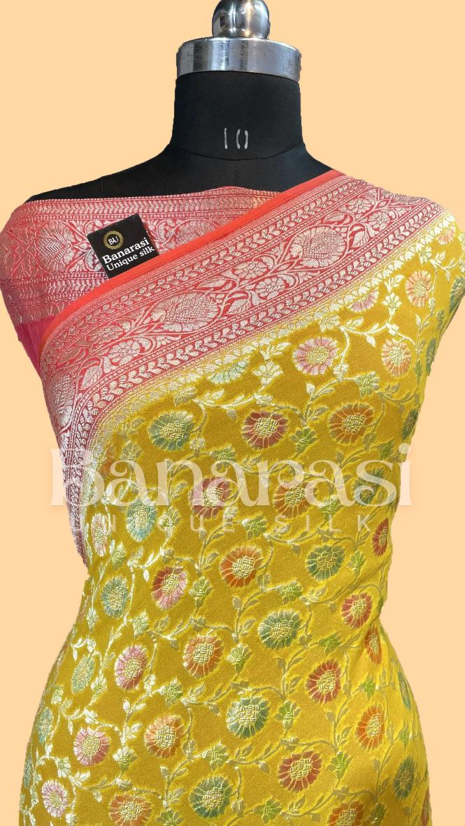 Yellow With Peach Khaddi Georgette Handloom Banarasi Saree