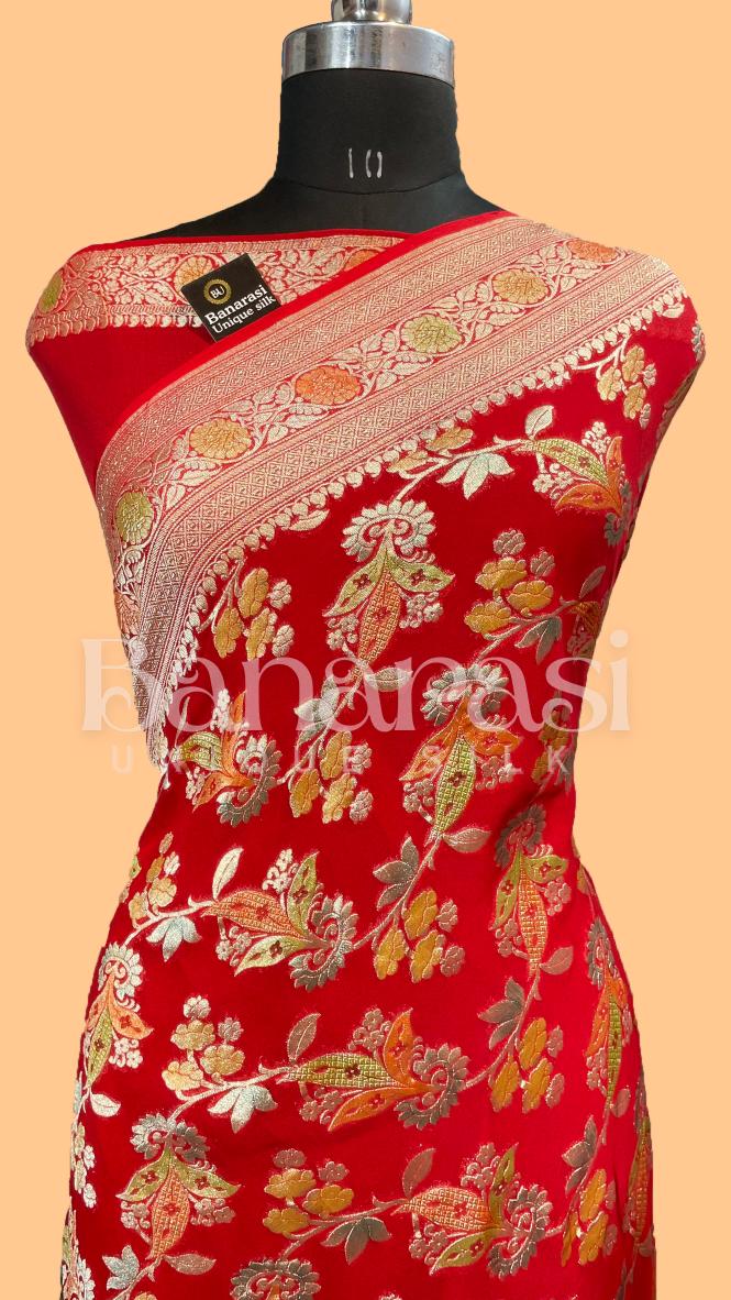 RED Khaddi Georgette Handloom Banarasi Saree