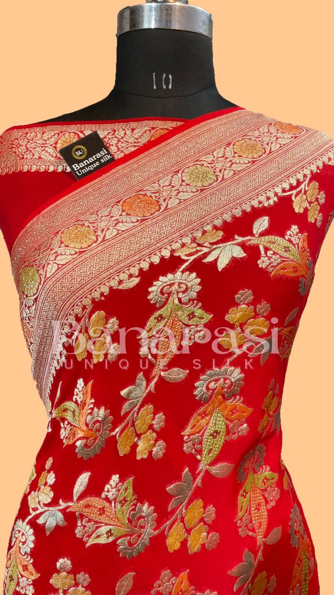 RED Khaddi Georgette Handloom Banarasi Saree