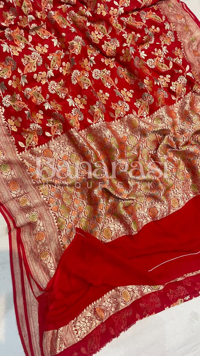 RED Khaddi Georgette Handloom Banarasi Saree