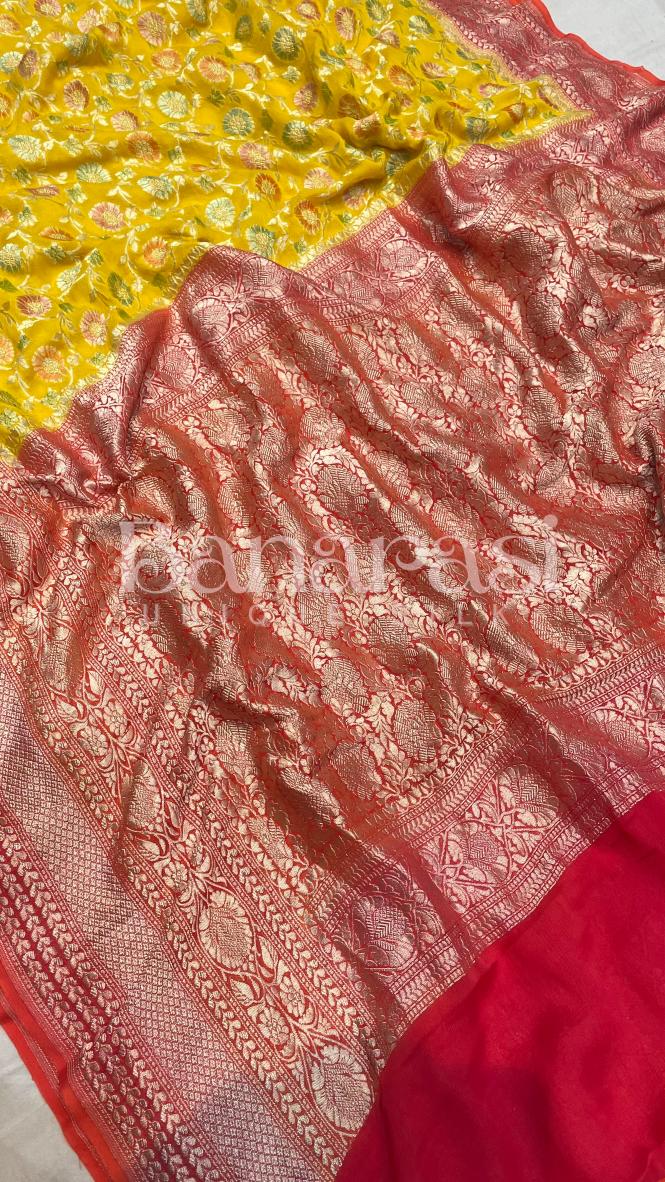 Yellow With Peach Khaddi Georgette Handloom Banarasi Saree