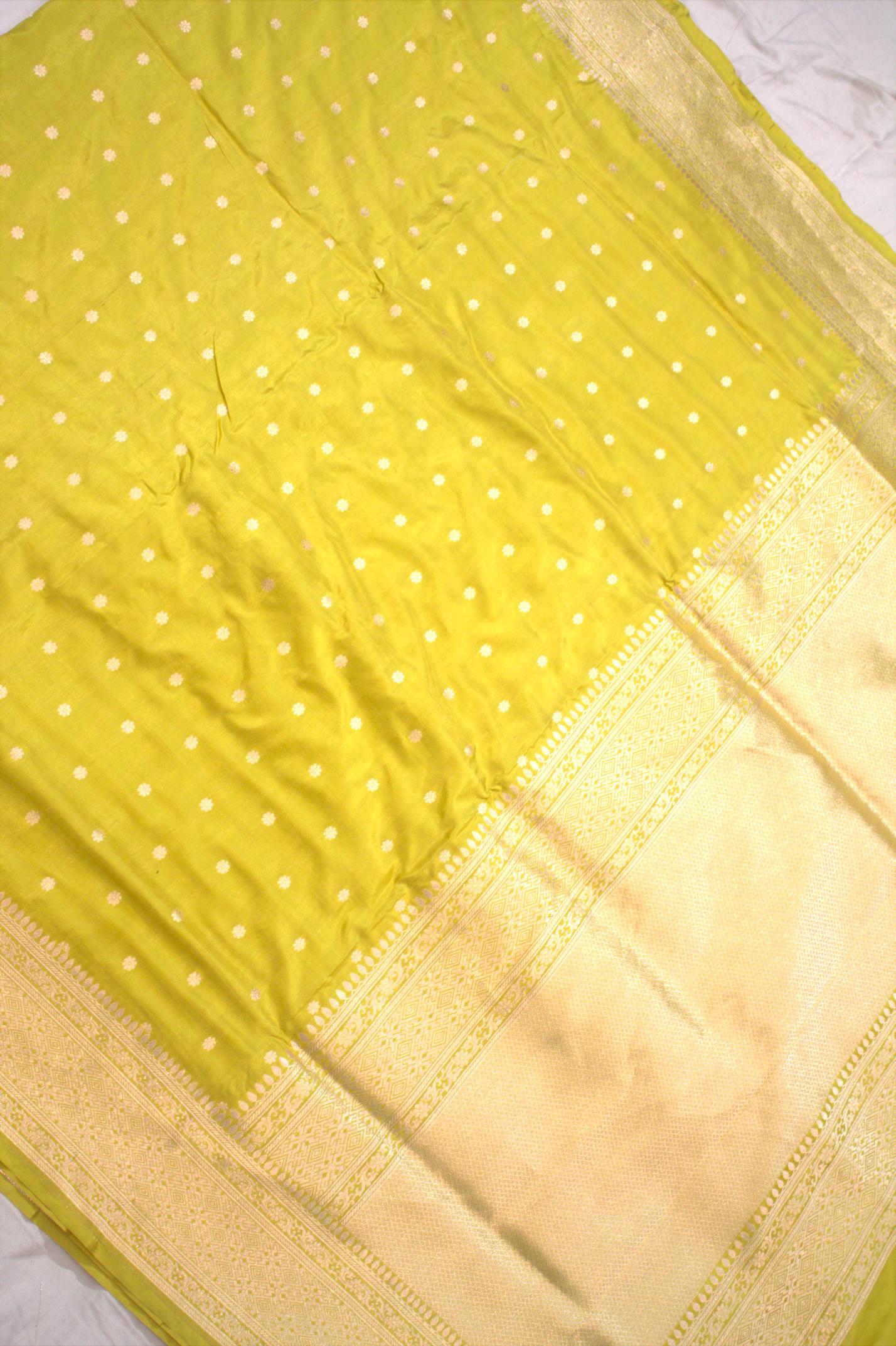 Yellow Pure Katan Silk Banarasi Handloom Saree - All Over butiWork