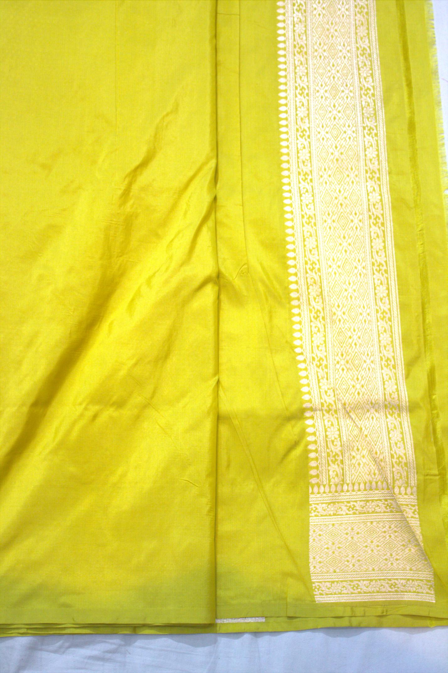 Yellow Pure Katan Silk Banarasi Handloom Saree - All Over butiWork