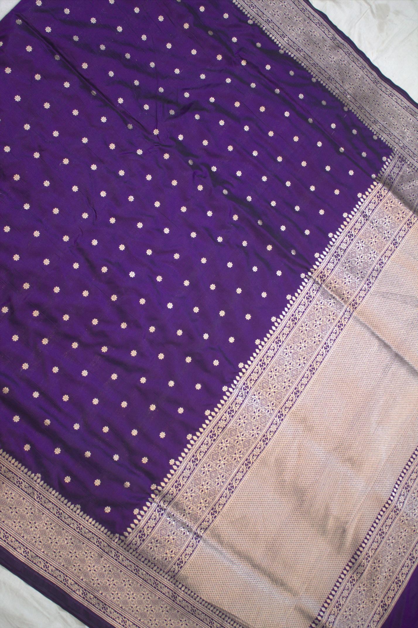 Purple Pure Katan Silk Banarasi Handloom Saree - All Over butiWork