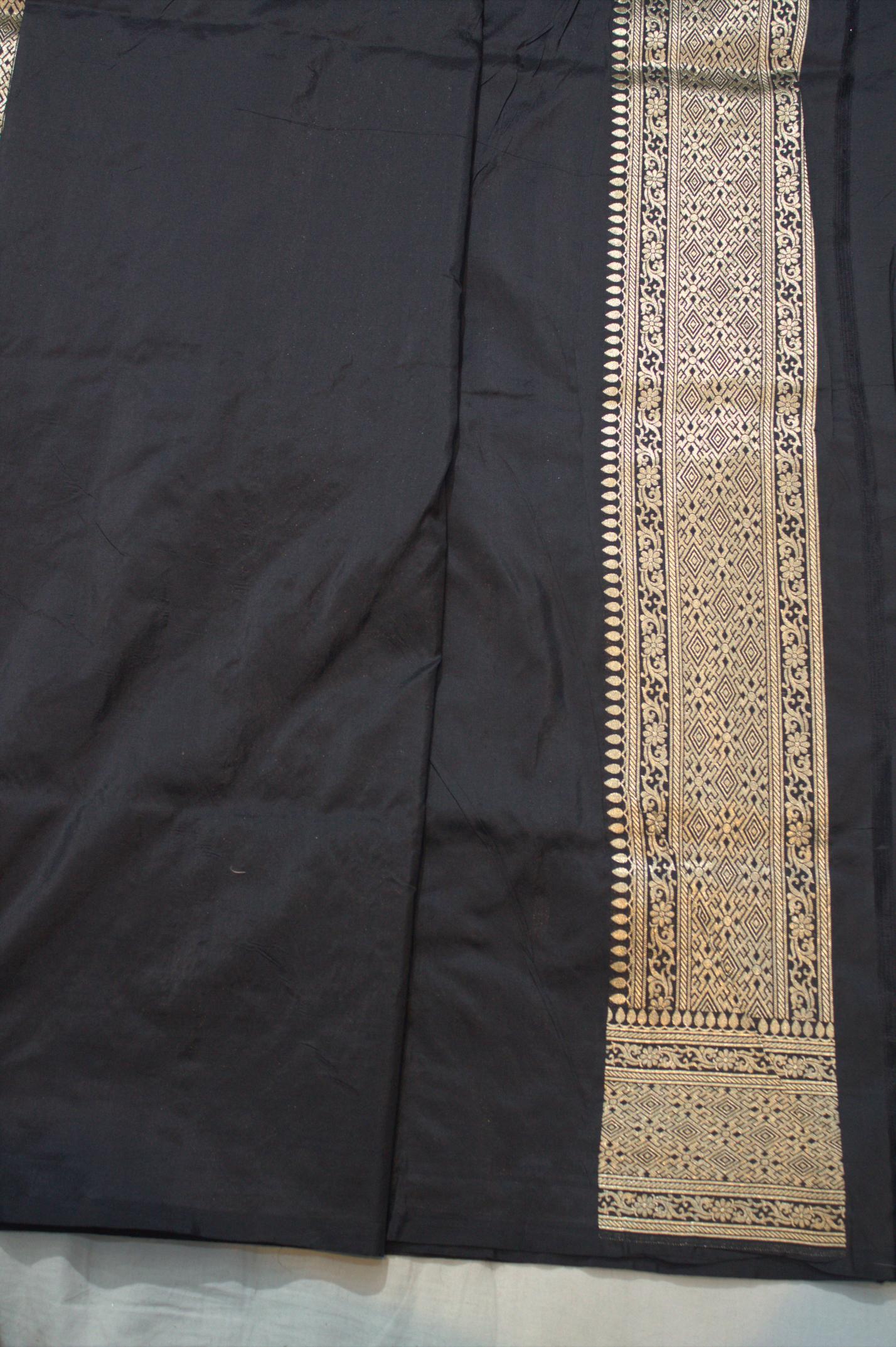 Black Pure Katan Silk Banarasi Handloom Saree - All Over butiWork