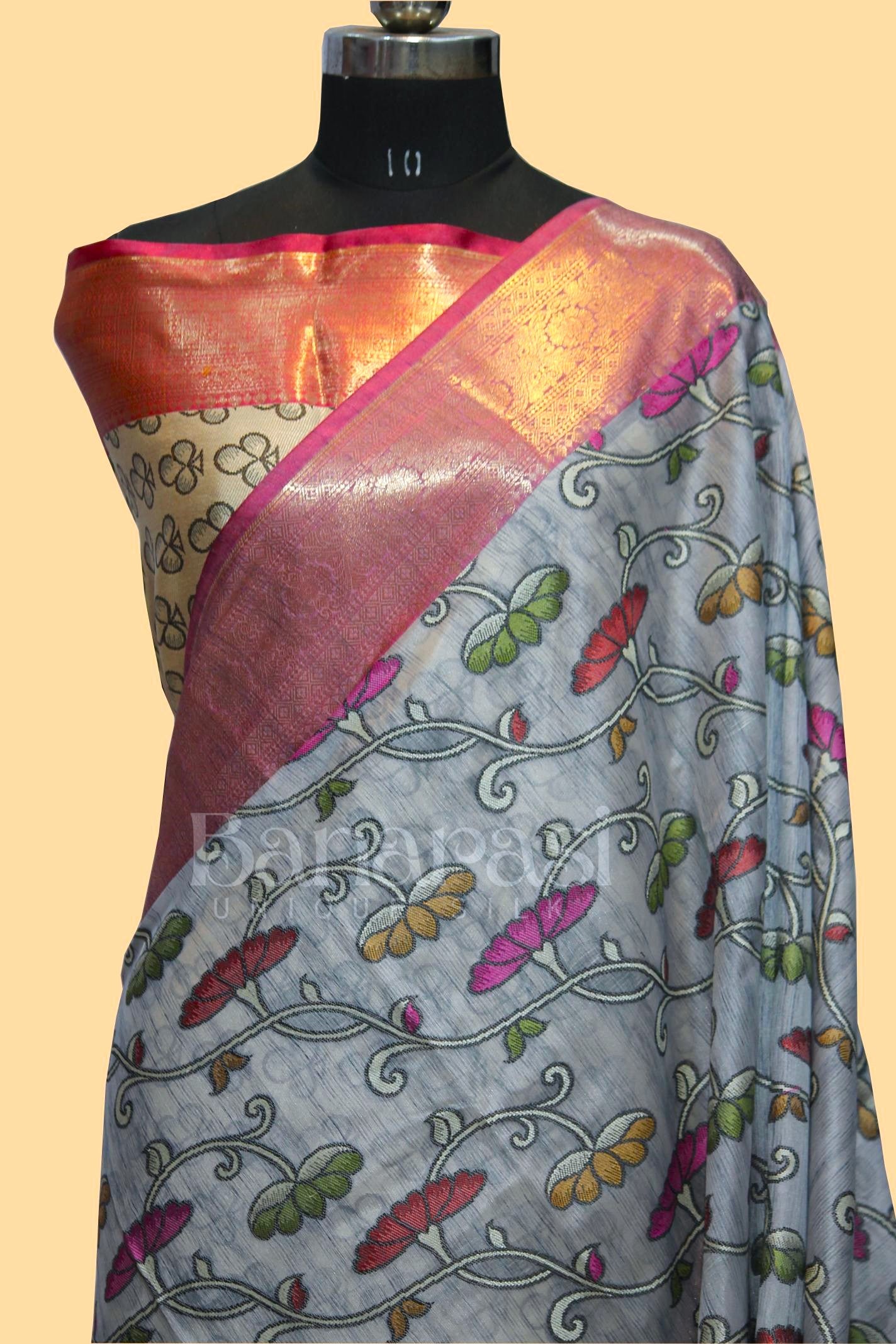 With PInk cottan silk banarasi saree all over weaving with meenakari