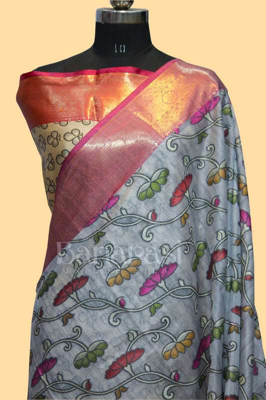 With PInk cottan silk banarasi saree all over weaving with meenakari